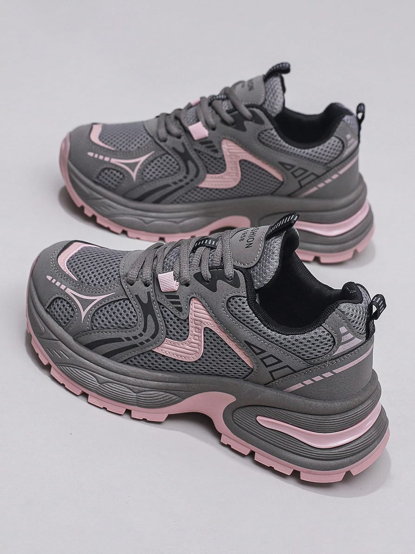 Flipark 1 Pair Women's Sporty Breathable Chunky Sneakers, Lace-Up Pink & Gray Contrast Mesh Lightweight Low-Top Casual Athletic Shoes