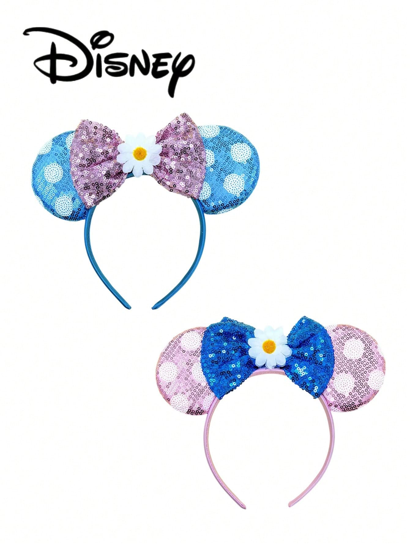 1pc Disney Mickey Pink + Blue Base White Polka Dot + Daisy Sequin Headband, Mickey Royal Blue + Pink Base White Polka Dot + Daisy Sequin Headband - Holiday Party Headband, Hair Accessory, Fun Photo Prop, Amusement Park Accessory, Suitable For Birthday Party And Valentine's Day Event, With Bow Cute Cartoon Hair Accessory, Princess Costume Accessory, Suitable For Disney Fans