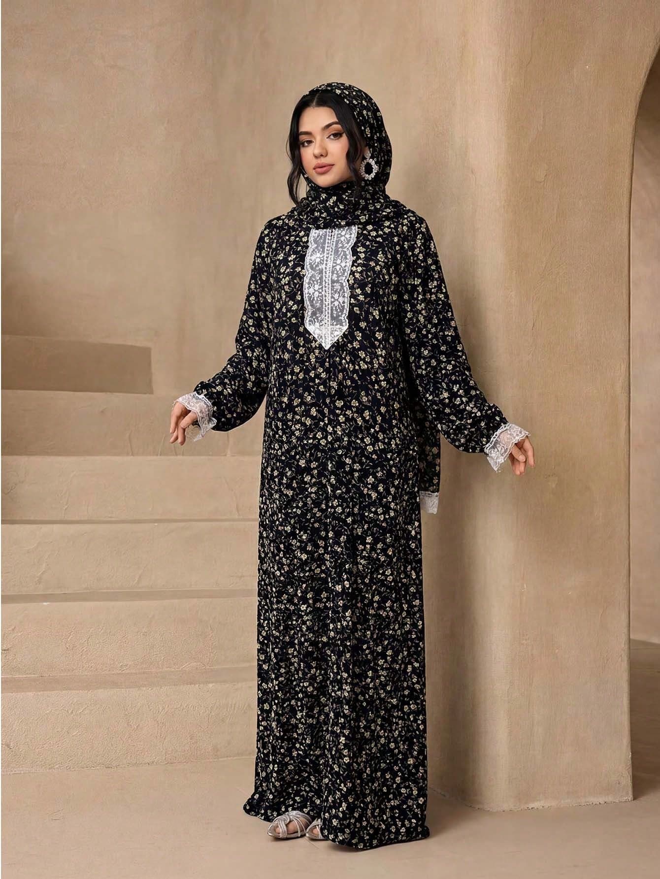 1pc Fashionable Elegant Ditsy Floral Print Ice Silk Crinkled Long Scarf Robe For Women, Soft With Lace And Invisible Zipper, Abaya Sun Protection Muslim Clothing Shawl
