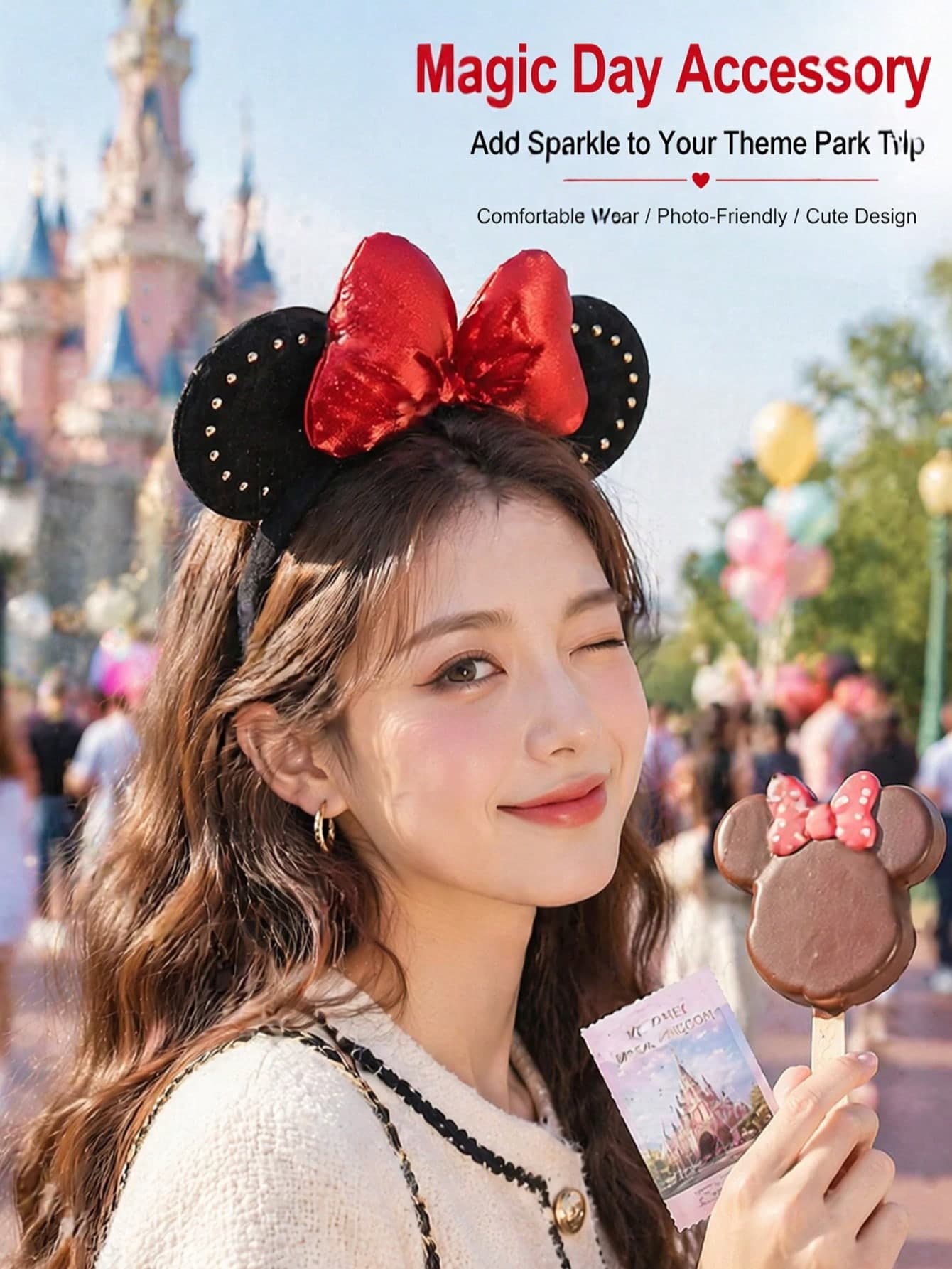 Disney Minnie Mouse Flocked Ear Headband, Gold Stud Decor With Shiny Red Heart Bow, Costume Hair Accessory For Halloween Party & Theme Park Accessories