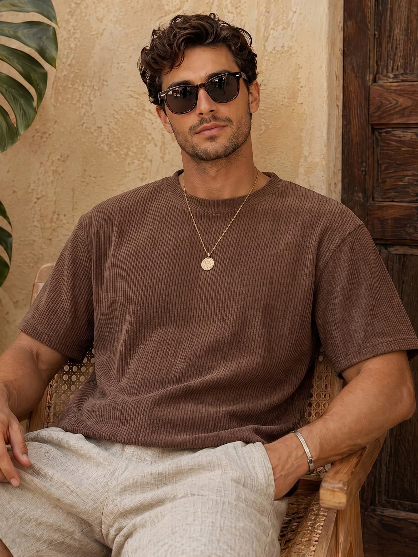 Men's Casual Loose Fit Round Neck Short Sleeve T-Shirt, Coffee Color