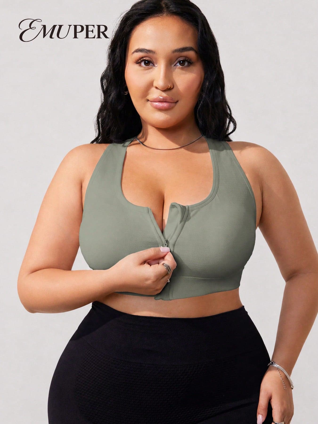 EMUPER 1pc Front Zipper Seamless Hollow-Out Sports Bra, Wide Strap Plus Size Women Bra