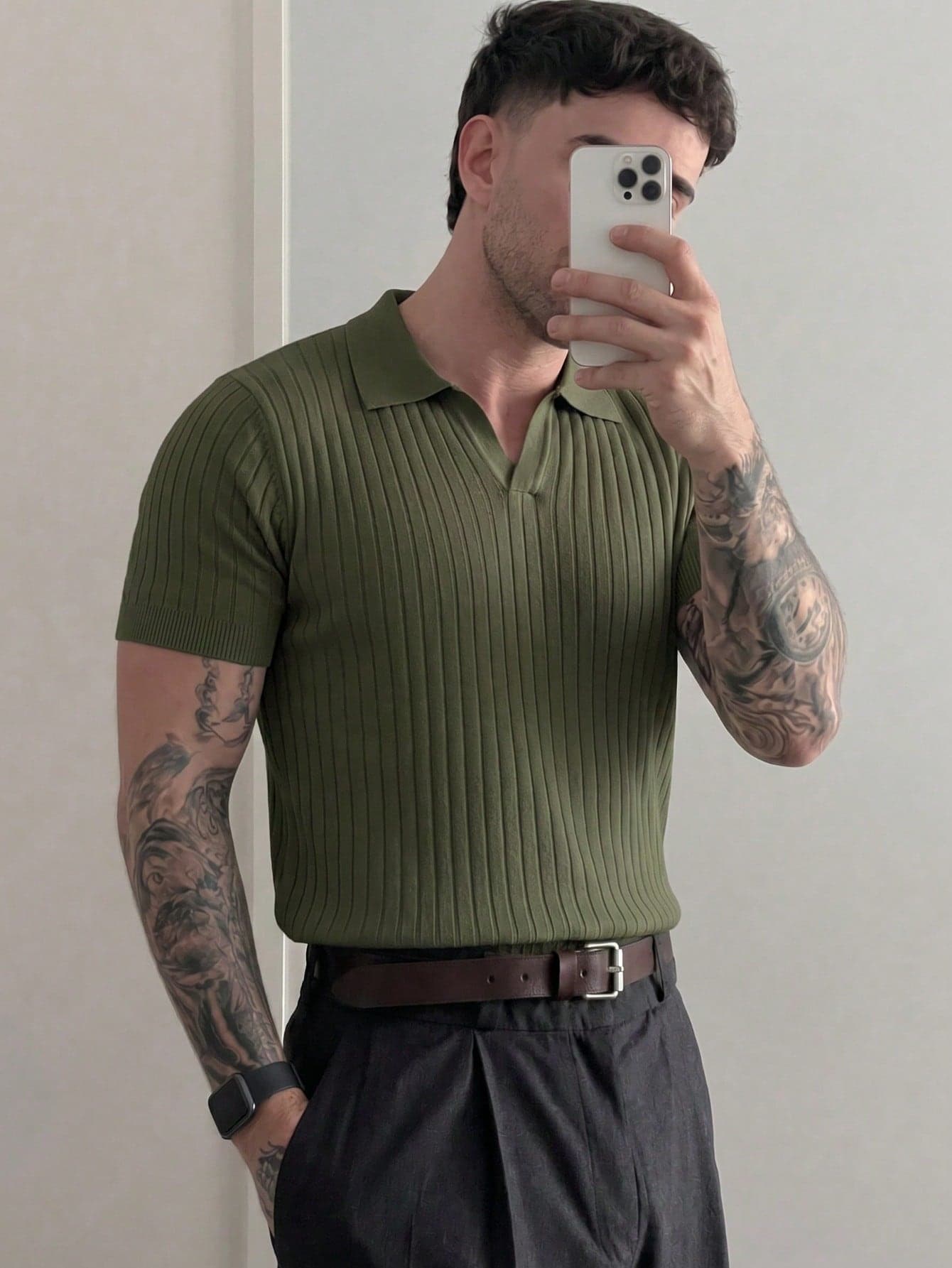 Men's Ribbed Airplane Collar Polo Knit Shirt, Short Sleeve, Summer Fashion