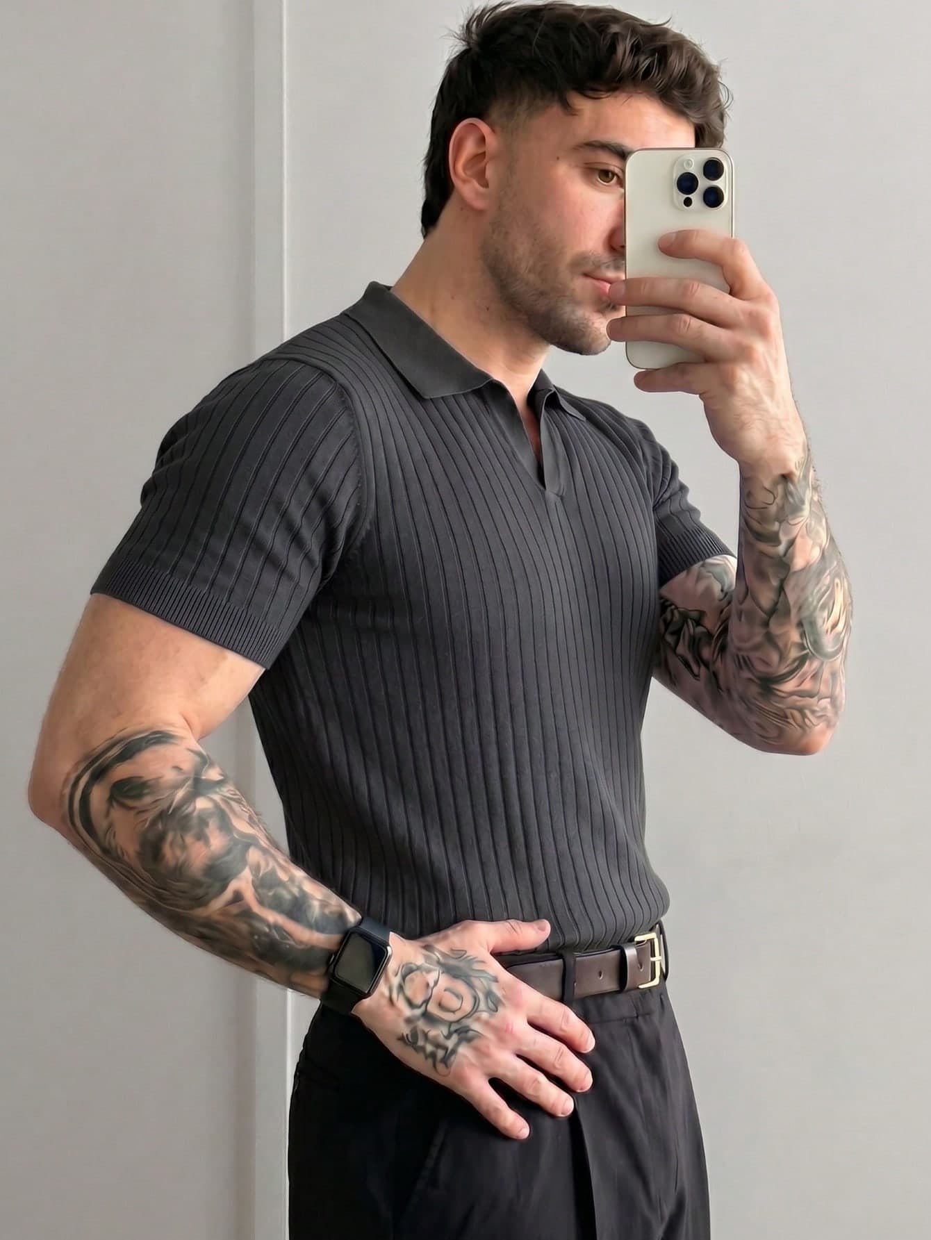 Men's Summer Knitted Polo Shirt, Classic Ribbed Collar, Solid Color Short Sleeve, Suitable For Summer Outdoor Activities, Fashionable Outfit Essential