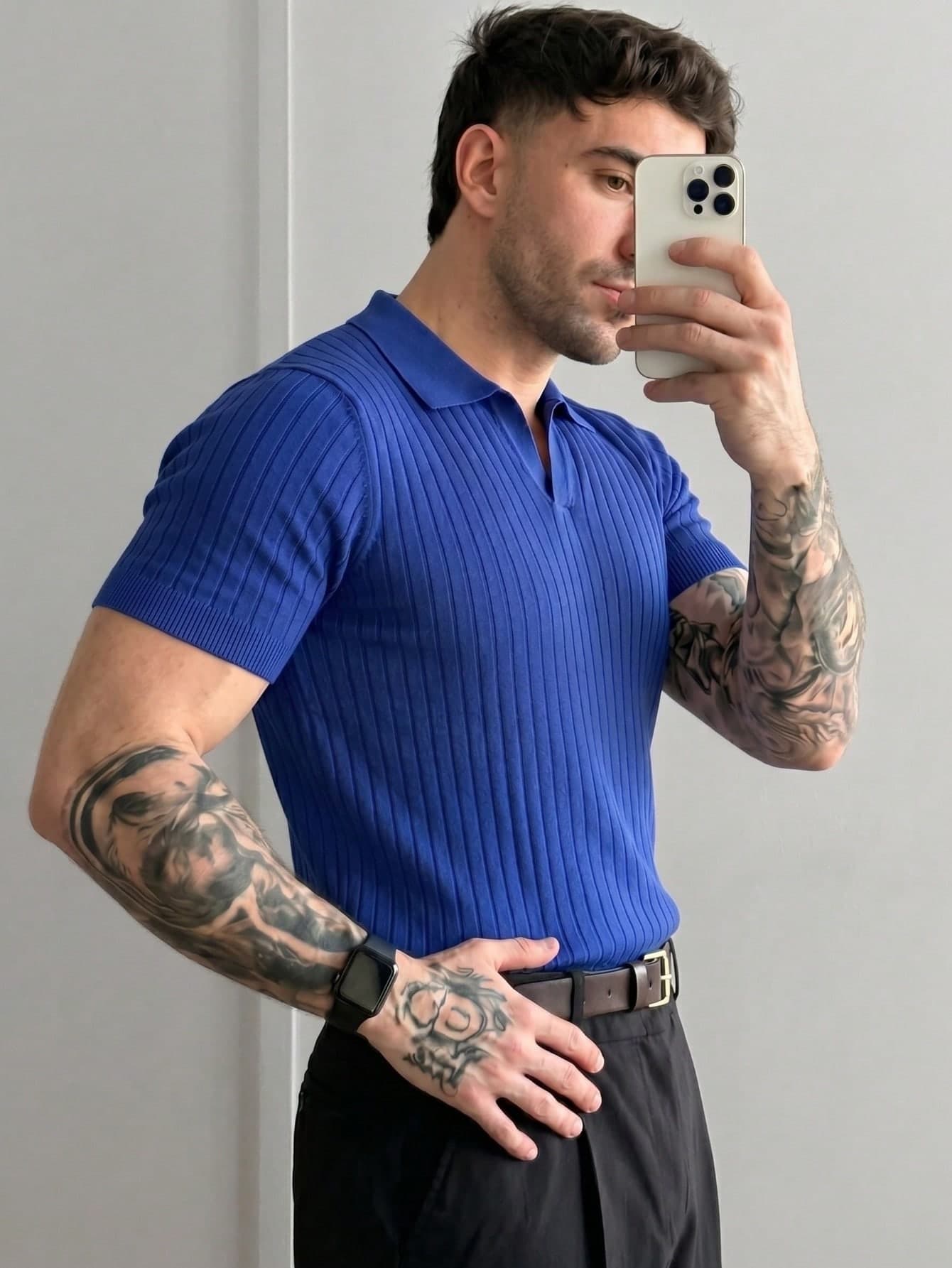 Men's Summer Knitted Classic Ribbed Collar Solid Color Short Sleeve Shirt, Suitable For Summer Outdoor Activities, Fashion Essential