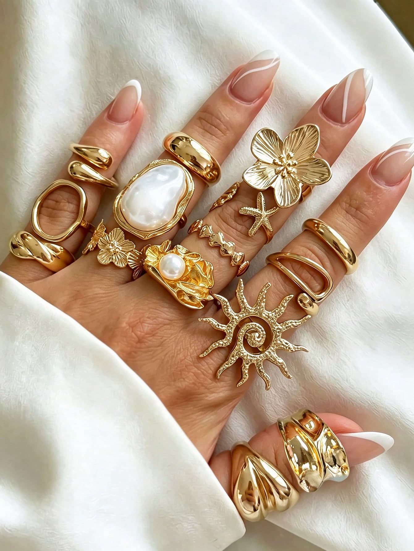 15pcs Bohemian Style Faux Pearl Flower Women's Sun Rings Suitable For Daily Wear