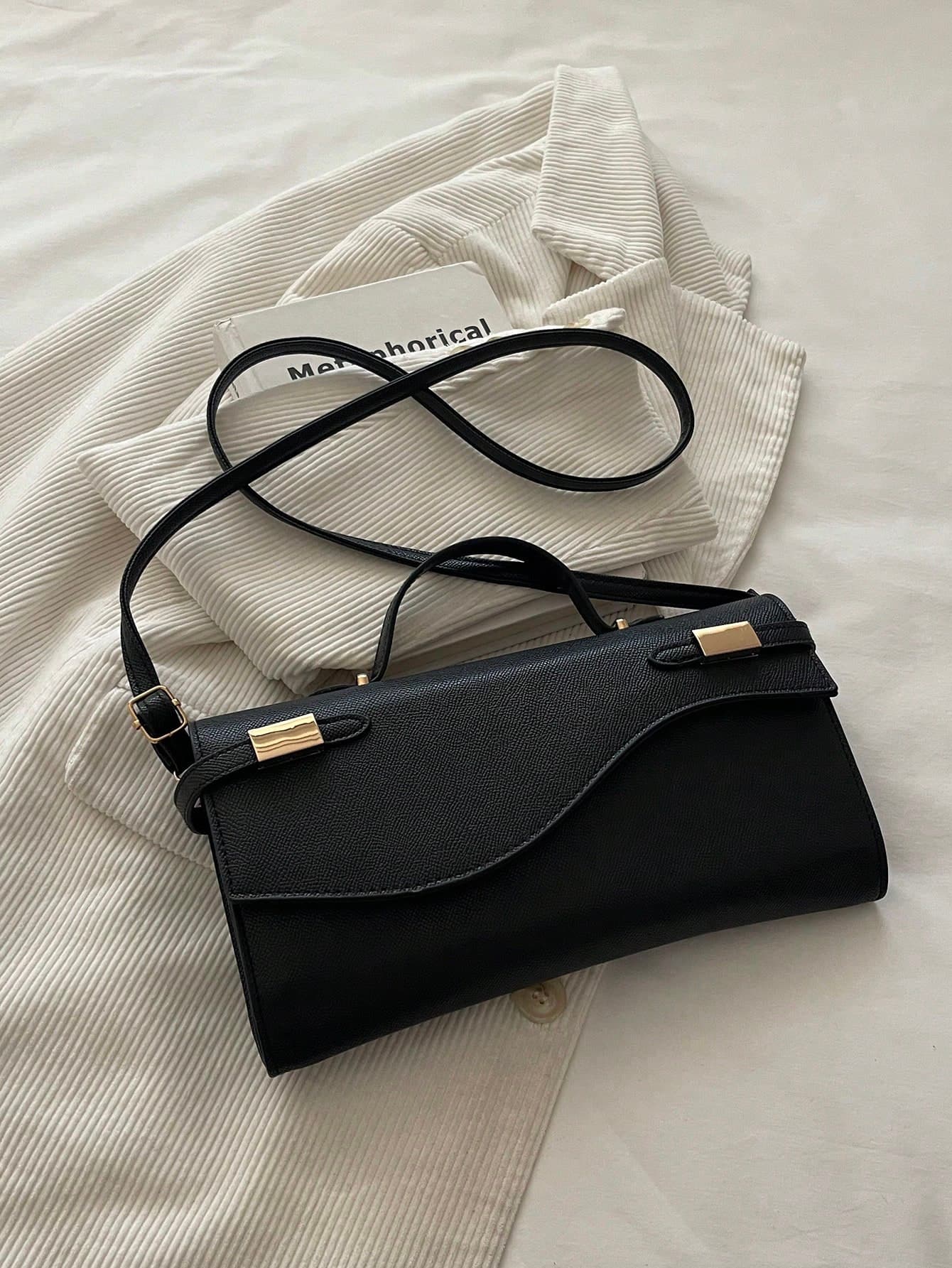 Minimalist Black Long Rectangle Shoulder Bag, Two Side Metal Plate Decor Multi Ways Wear Lightweight Formal Office Handbag For Ladies