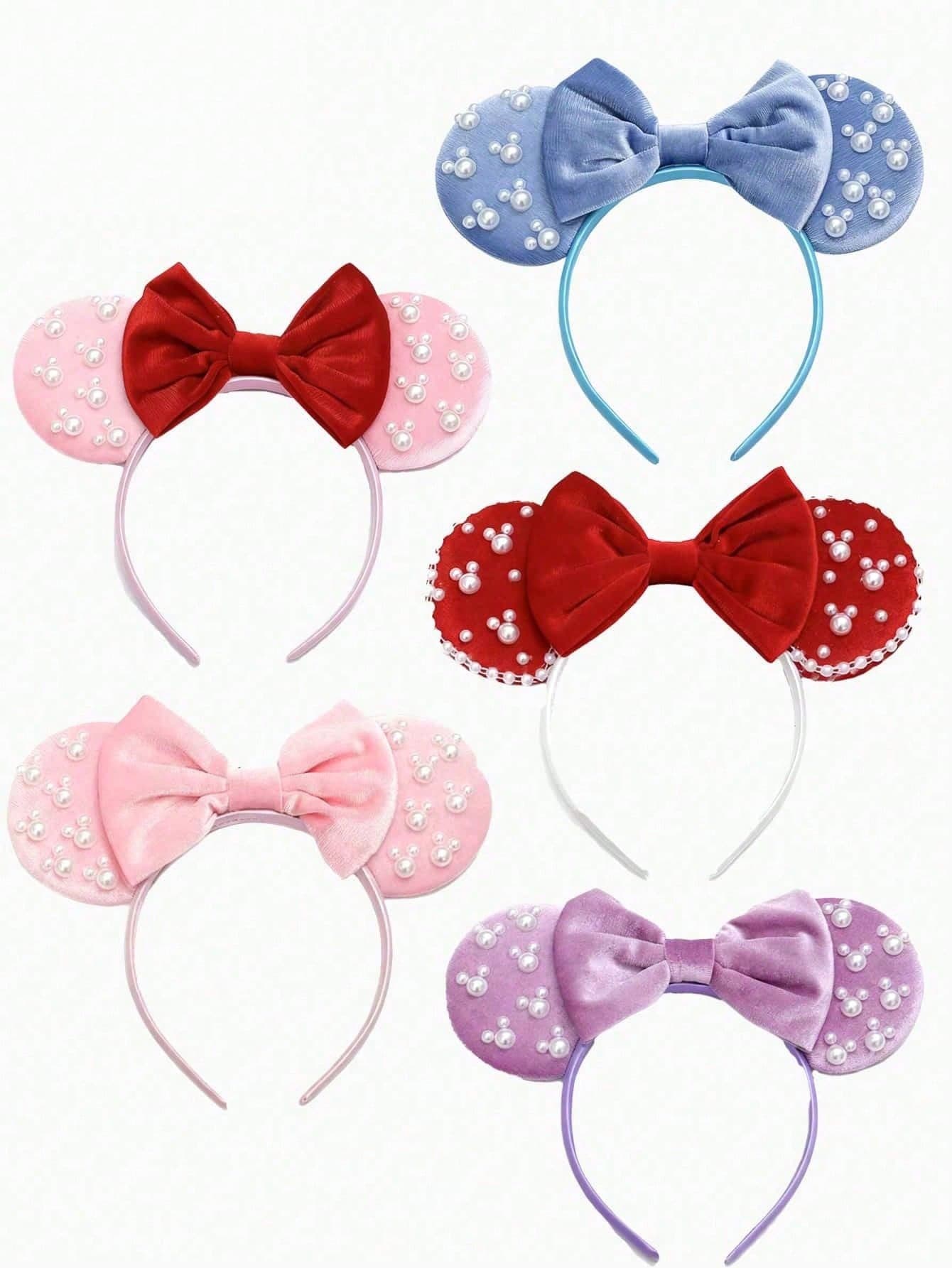 Disney, 1pc Mickey & Minnie Bow Ears Headband, High-Quality Faux Pearl Cartoon Ear Headband, Velvet Bow With Pearl Accents, Made Of Soft Velvet Material, Perfect For School Parties, Costume Parties, Role Play And Theme Park Visits, Ideal Gift For Various Occasions, Also Perfect Accessory For Princess Role Play, Birthday Celebrations And Christmas Parties. (Hair Accessories, Headband, Hair Hoop, Women's Headband)