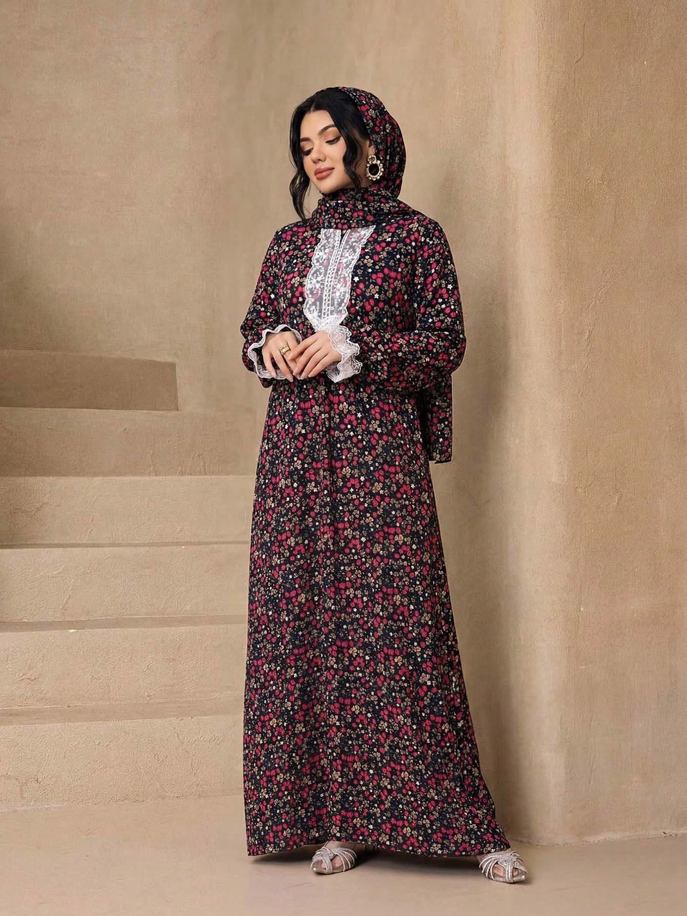 1pc Fashionable Elegant Ditsy Floral Print Ice Silk Crinkled Long Robe Scarf For Women, Soft With Lace And Invisible Zipper, Abaya Sun Protection Muslim Clothing Shawl