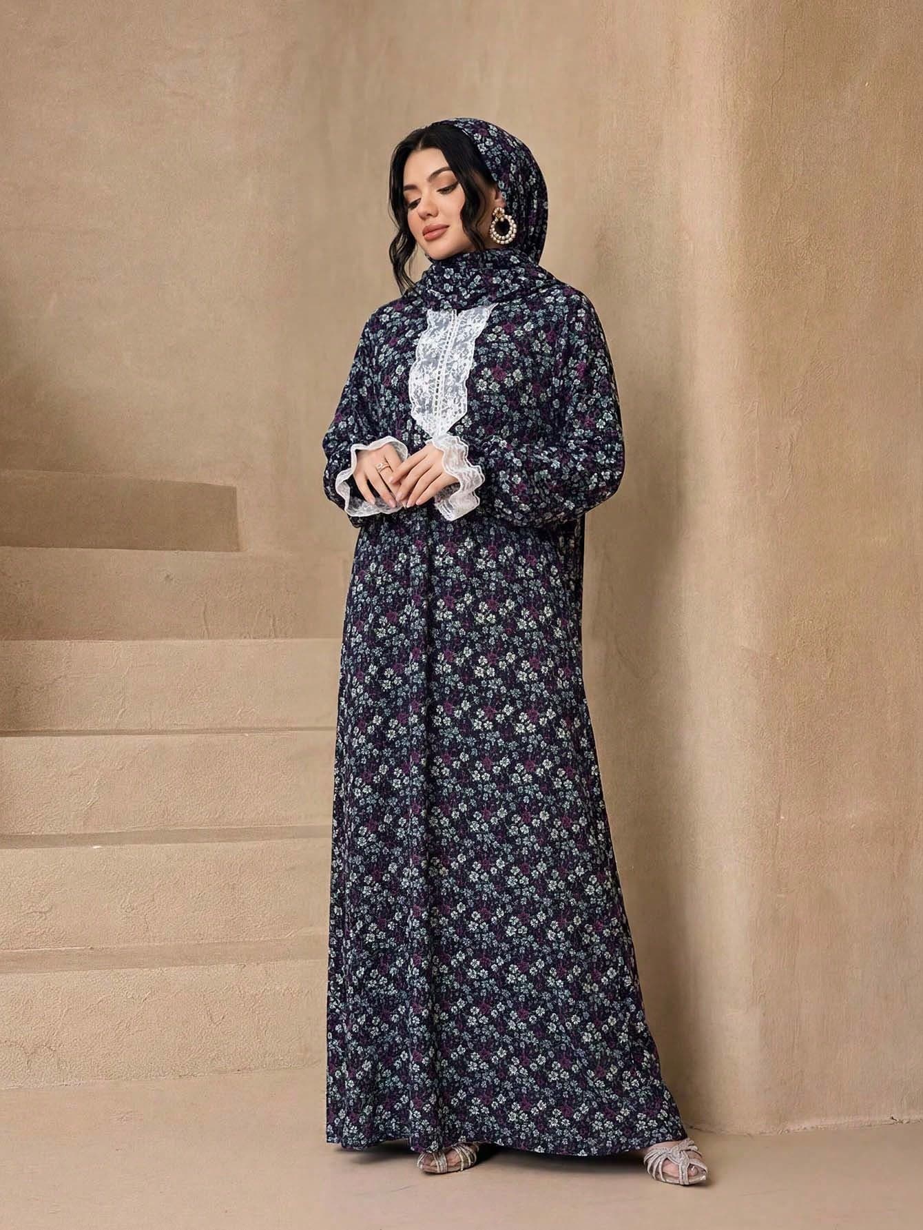 1pc Fashionable Elegant Ditsy Floral Ice Silk Crinkled Long Scarf Robe For Women, Soft With Lace And Invisible Zipper, Abaya Sun Protection Muslim Clothing Shawl