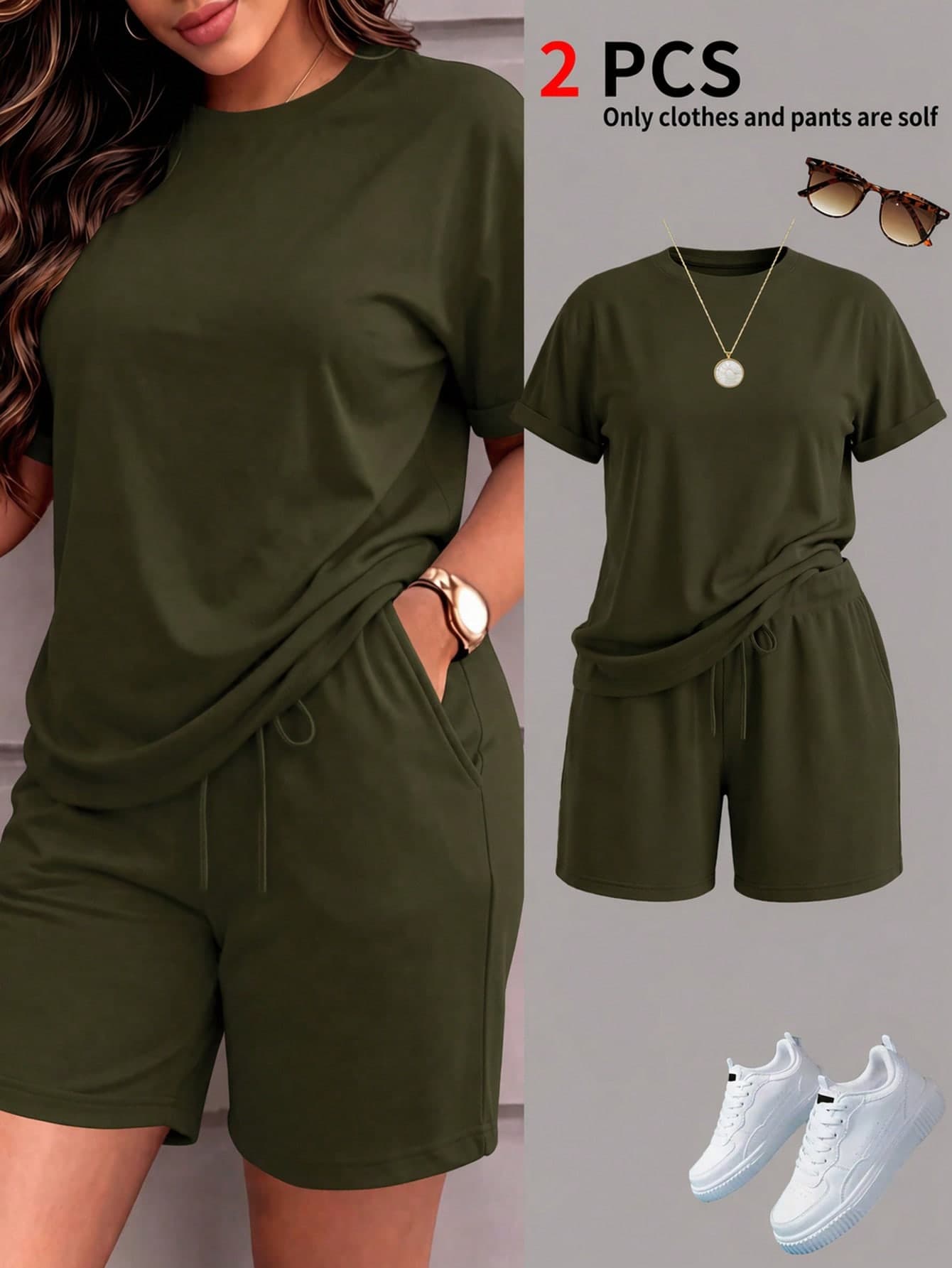 Spring/Summer Women's Solid Color Short Sleeve Vintage Round Neck T-Shirt And Elastic Waist Drawstring Shorts, Minimalist Sporty Casual Two Pieces Set, Easy Vacation & Home Feel, PJ (Pajama-Style) Outfit, Suitable For Outdoor, Sports, Exercise, Running, Beach, Home And Other Occasions