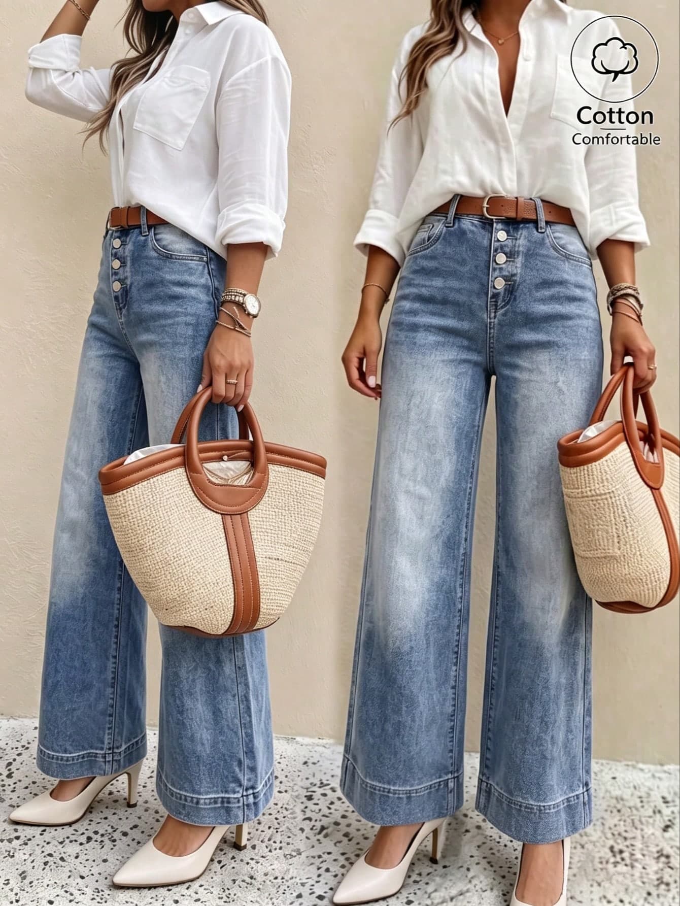 Women's American Style Relaxed Vintage High-Waisted Button-Front Distressed Gradient Wide-Leg Denim Jeans Casual
