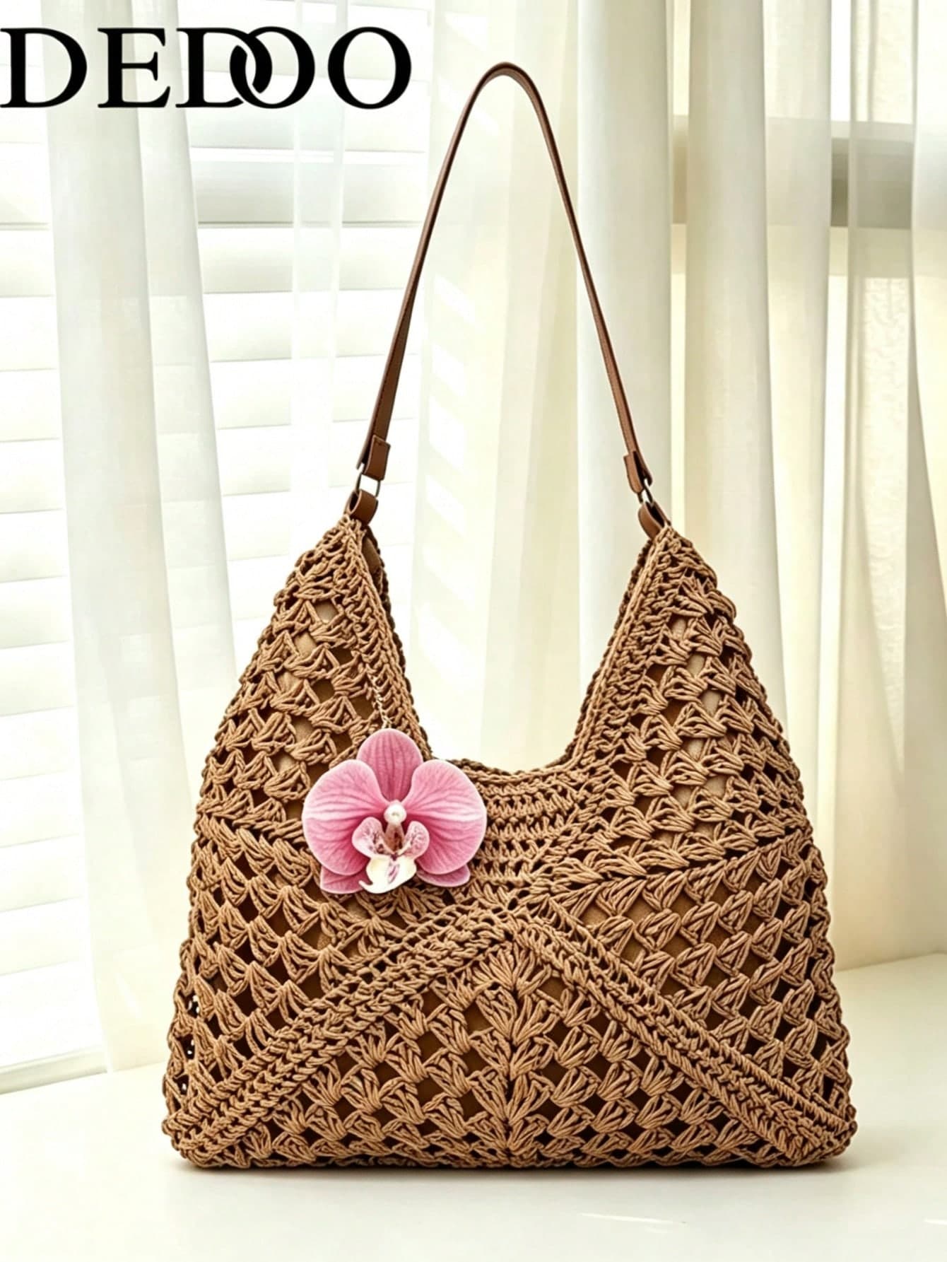 Dedoo Women's Crochet Bohemian Shoulder Bag, Beaded Coconut Tree Decor, Leather Handle, Large Capacity Summer Bohemian Style Crossbody Bag (Random Pendant Hook)