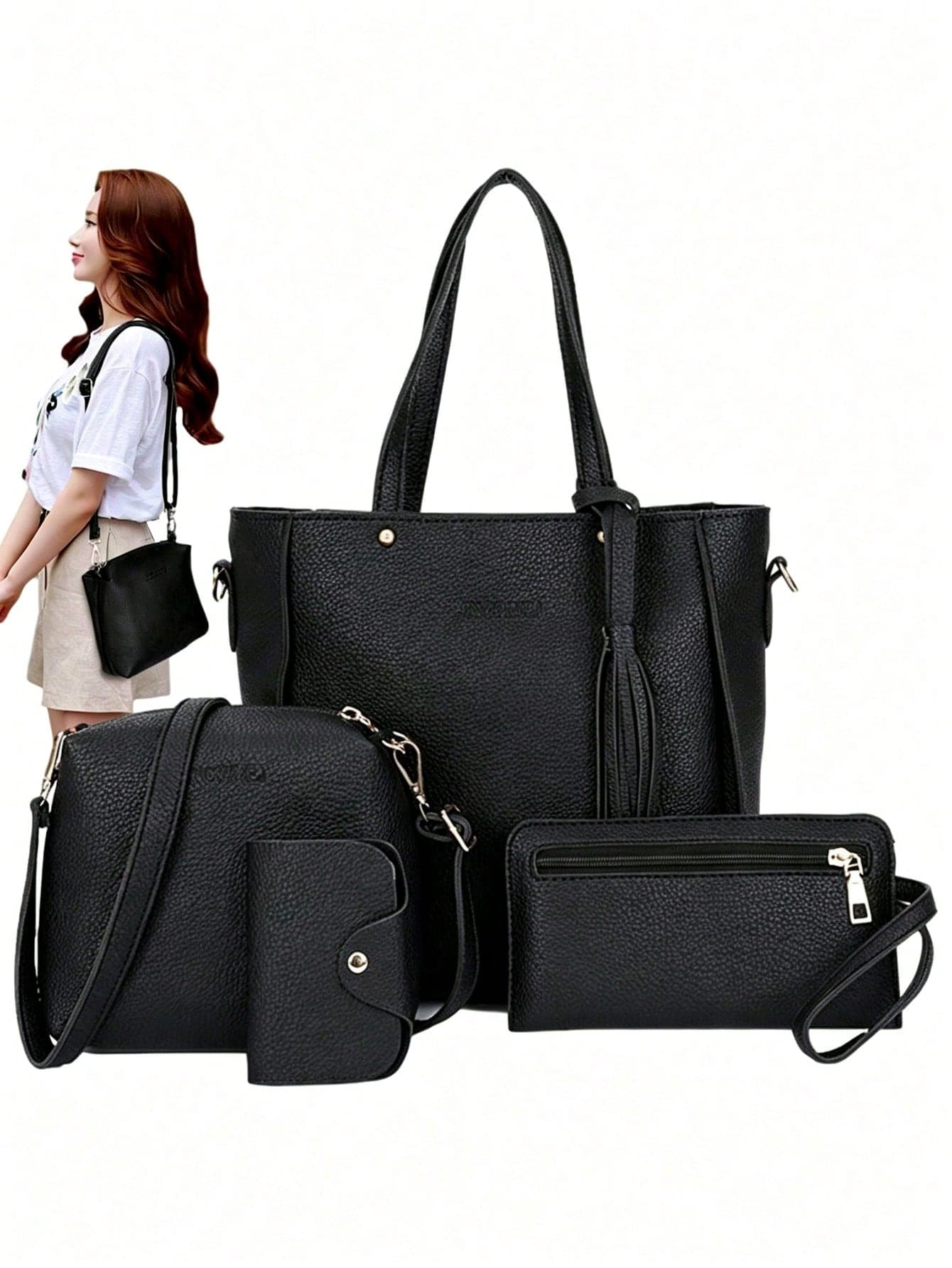 1 Set 4pcs Faux Leather Handbag Set, Suitable For Work Commute, Job, Travel And Daily Use, Perfect For Young Women, College Students, Young Professionals, Office Workers. Ideal For Office, School, Work, Business, Commute, Outdoor Activities, Travel And Short Trips.