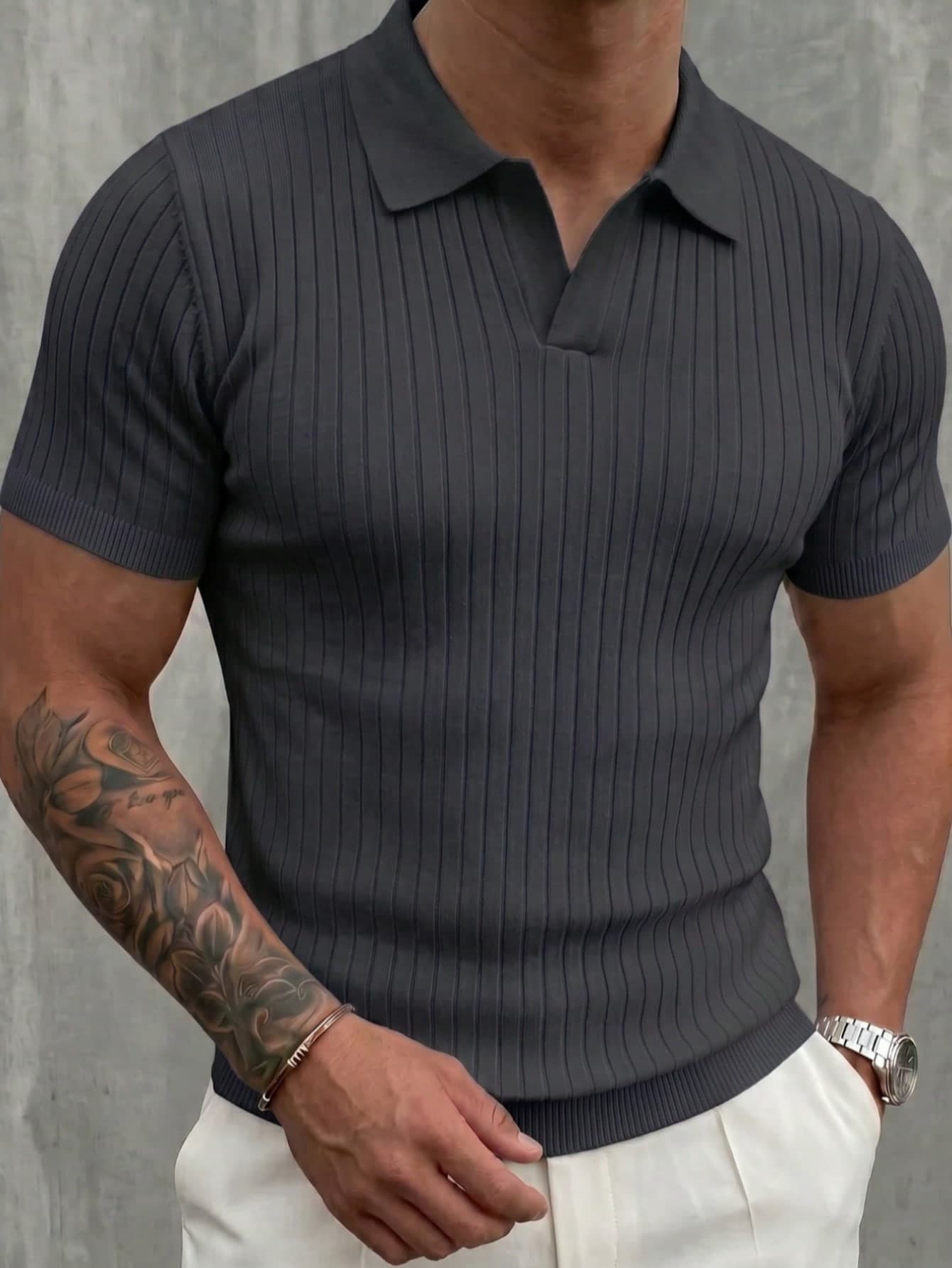 Men's Classic Ribbed Knit Polo Short Sleeve Shirt, Solid Color, Suitable For Summer Outings, Fashionable Essential Item