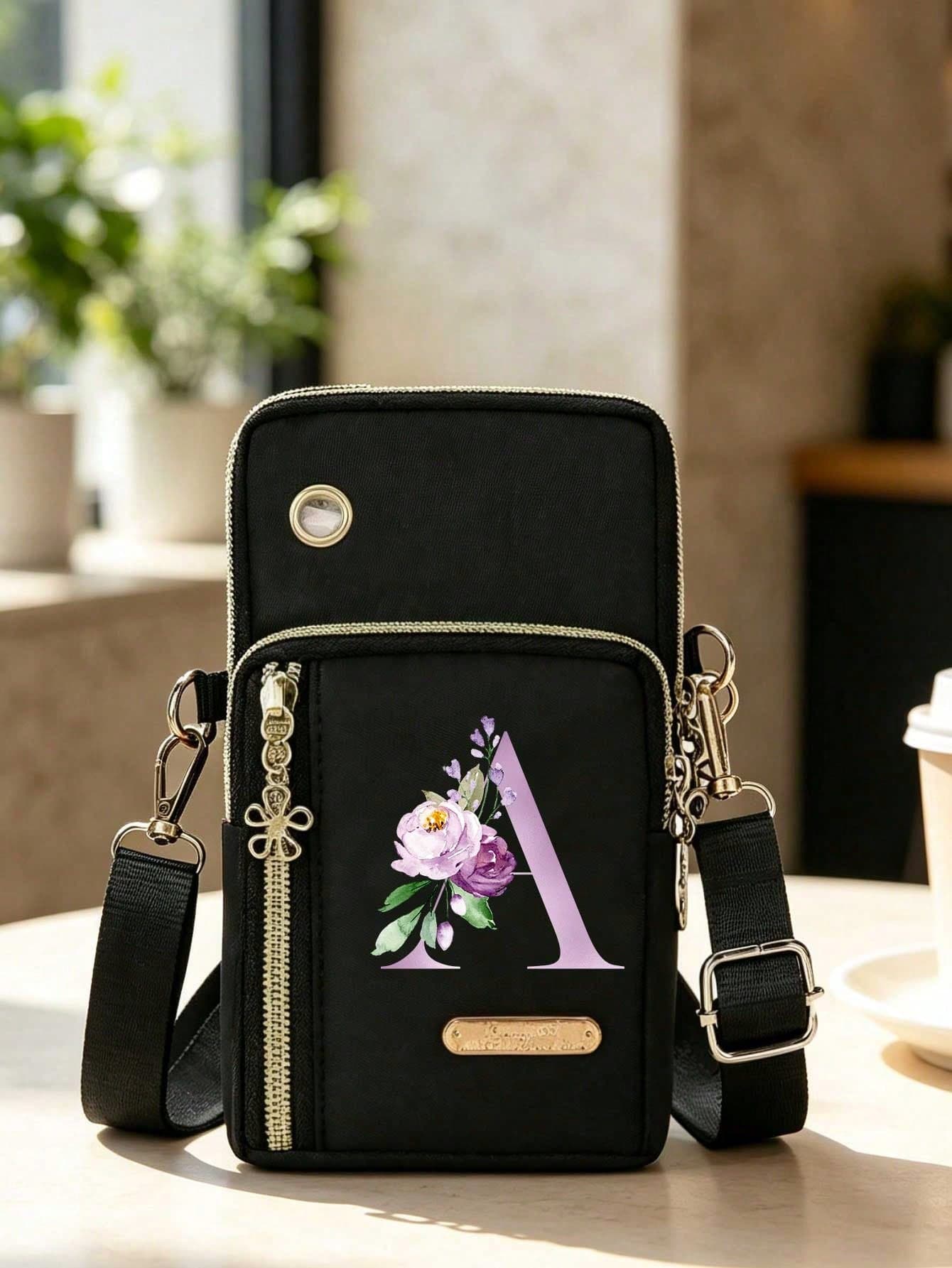 Women's Phone Bag, Purple Romantic Floral 26 Letters A-Z Print Fashion Casual Shoulder Bag, Nylon Fabric Coin Purse, Phone Shoulder Bag, Women's Bag, Multifunctional Wrist Bag, Shoulder Bag And Coin Purse, Vertical Coin Purse With Phone Pocket, Casual Travel Back To School Gift, Mother's Day, Anniversary, Birthday, Back To School, Holiday Gift