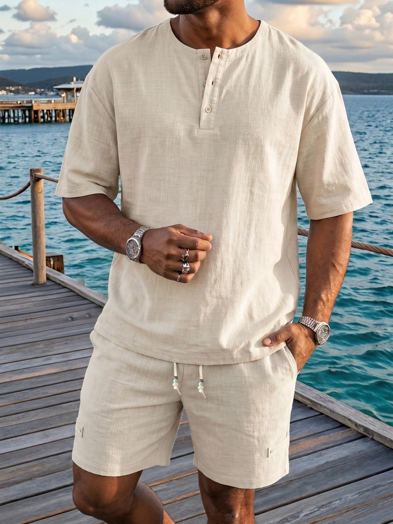 2pcs/Set Men's Apricot Henley Collar Faux Linen Texture Short Sleeve Outfit, Men's Set, Loose Casual Fit, Men's Shorts + Casual POLO Shirt 2-Piece Set, Vacation Style, Machine Washable, Summer Beach Holiday Casual Men's Outfit, Size Runs Large, Can Order One Size Down