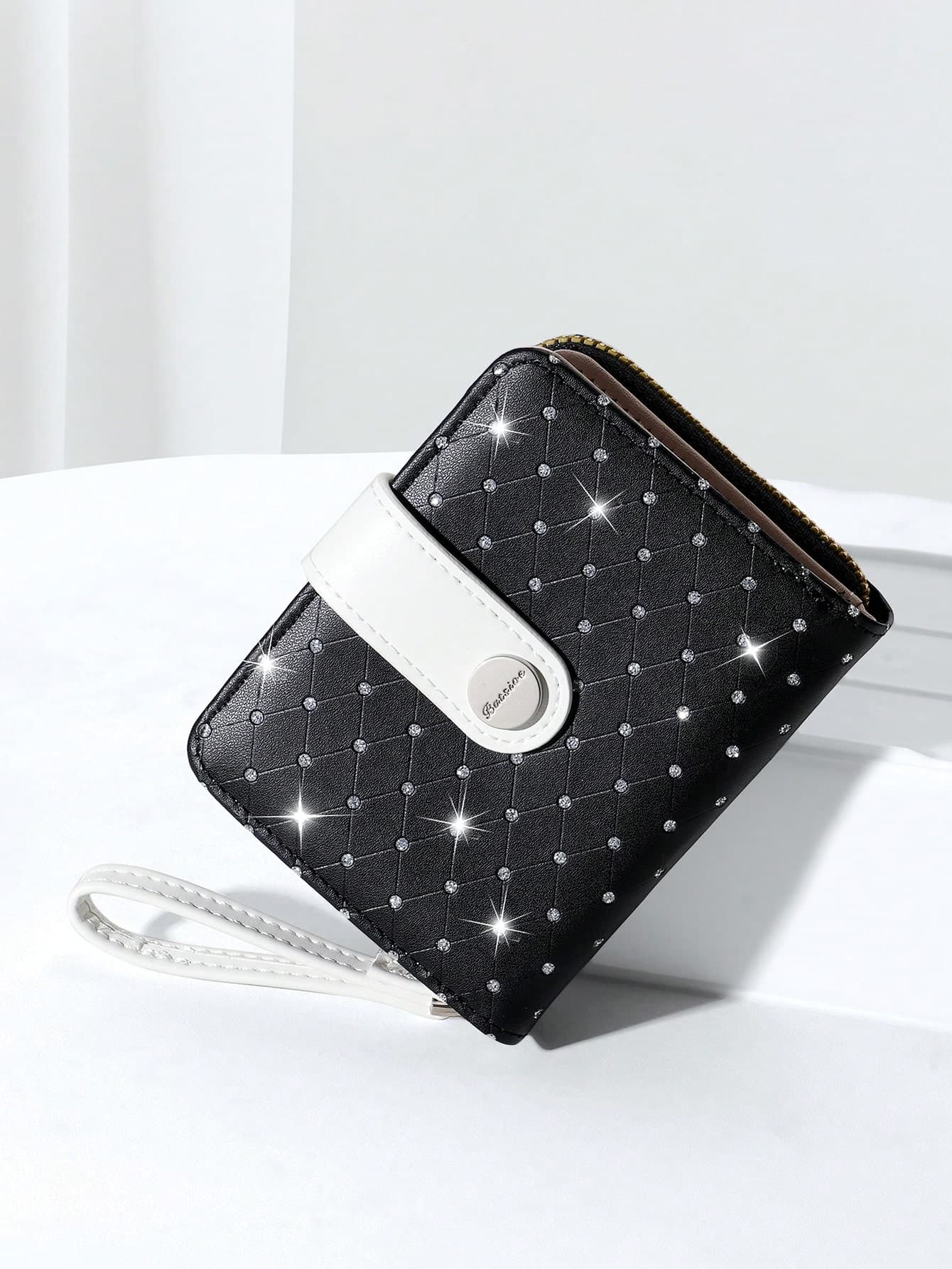 BATSIOE Sequin Quilted Short Wallet, Multi-Card Slot Zipper Coin Purse, Wrist Strap Mini Women's Clutch Bag
