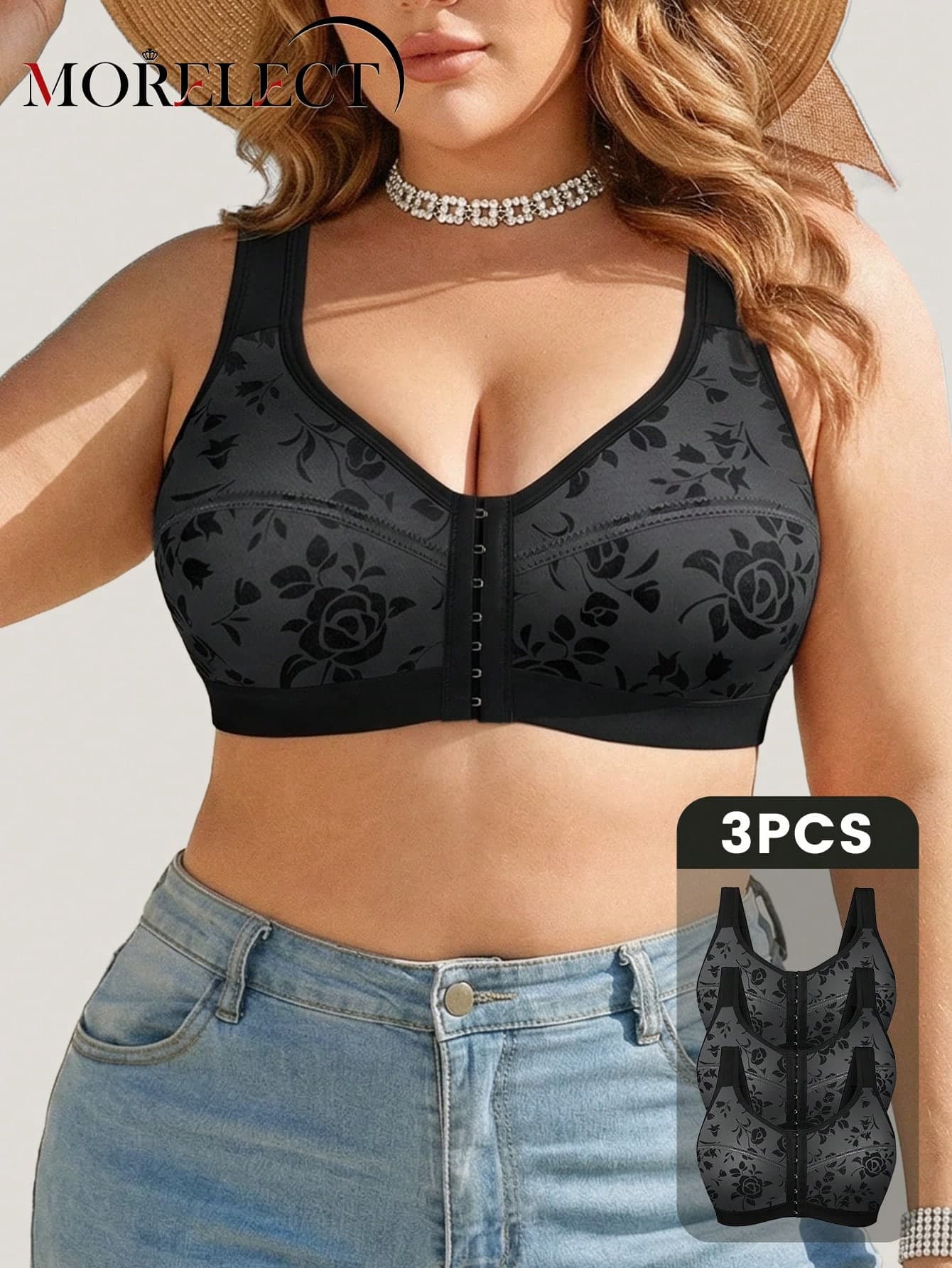 Morelect 3pcs Plus Size Women's Wireless Bra, Front Closure Design, Floral Print, Push-Up Comfortable, Daily Wear