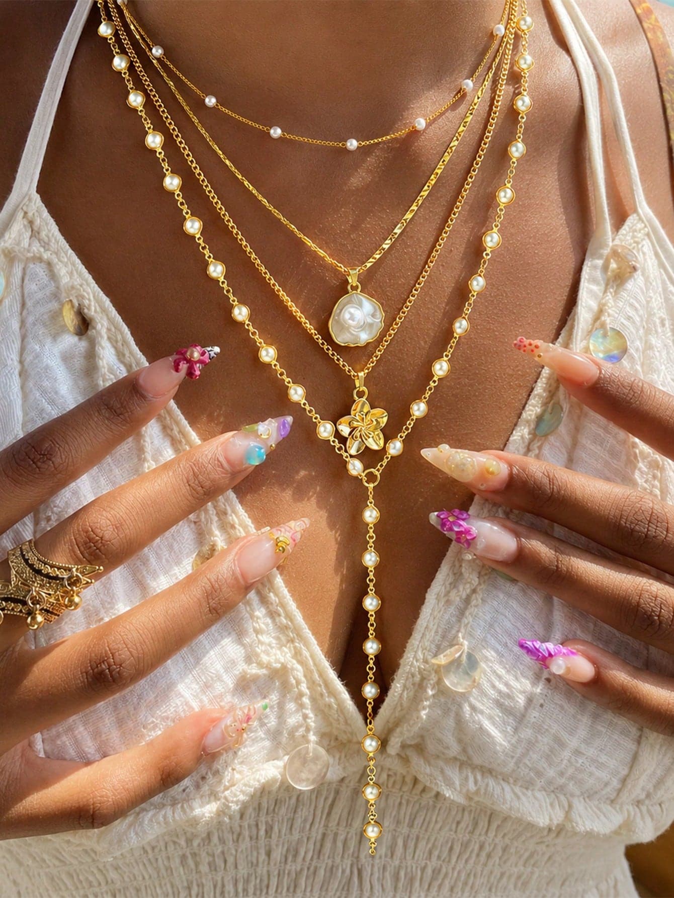 4pcs Vintage Bohemian Shell & Faux Pearl Flower Pendant Tassel Necklace Set, Y-Shaped Chain, Suitable For Daily Wear And Beach Vacation Jewelry Decoration