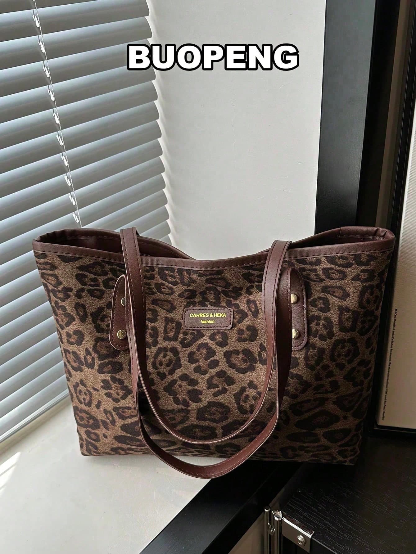 New Vintage Leopard Print Large Capacity Handbag For Women. Zipper Opening, Lightweight Minimalist Shoulder Bag. Suitable For Daily Casual, Commuting, Work And Student Use. Leopard Print Bag, Leopard Print Revival, Animal Print Women's Bag, Retro Women's Bag, Women's Handbag, Must-Have Item For College , Beach