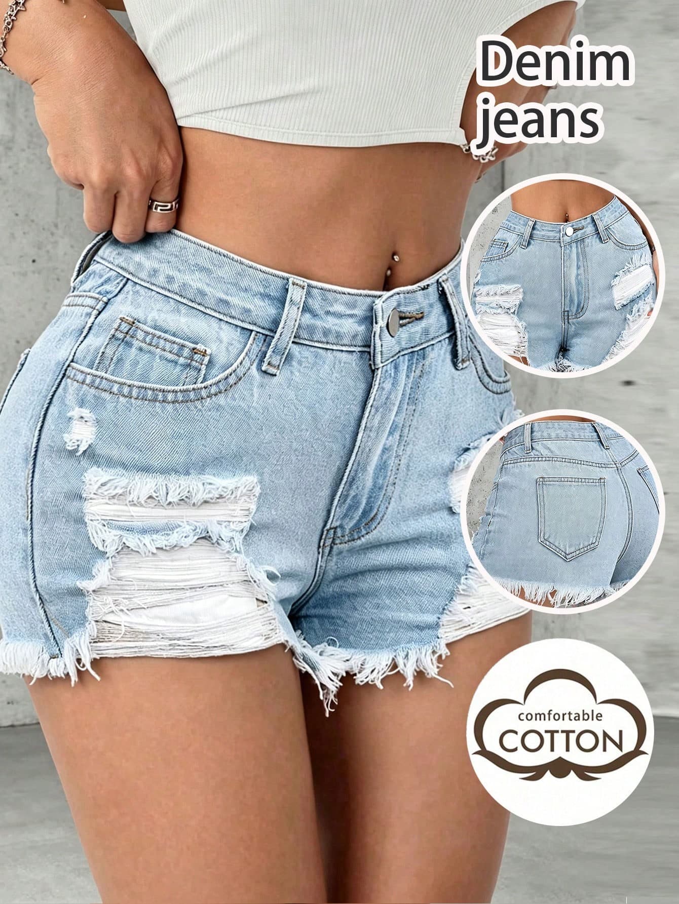 Women's Summer Solid Color Super Short Ripped Frayed Hem Sexy Denim Shorts Casual