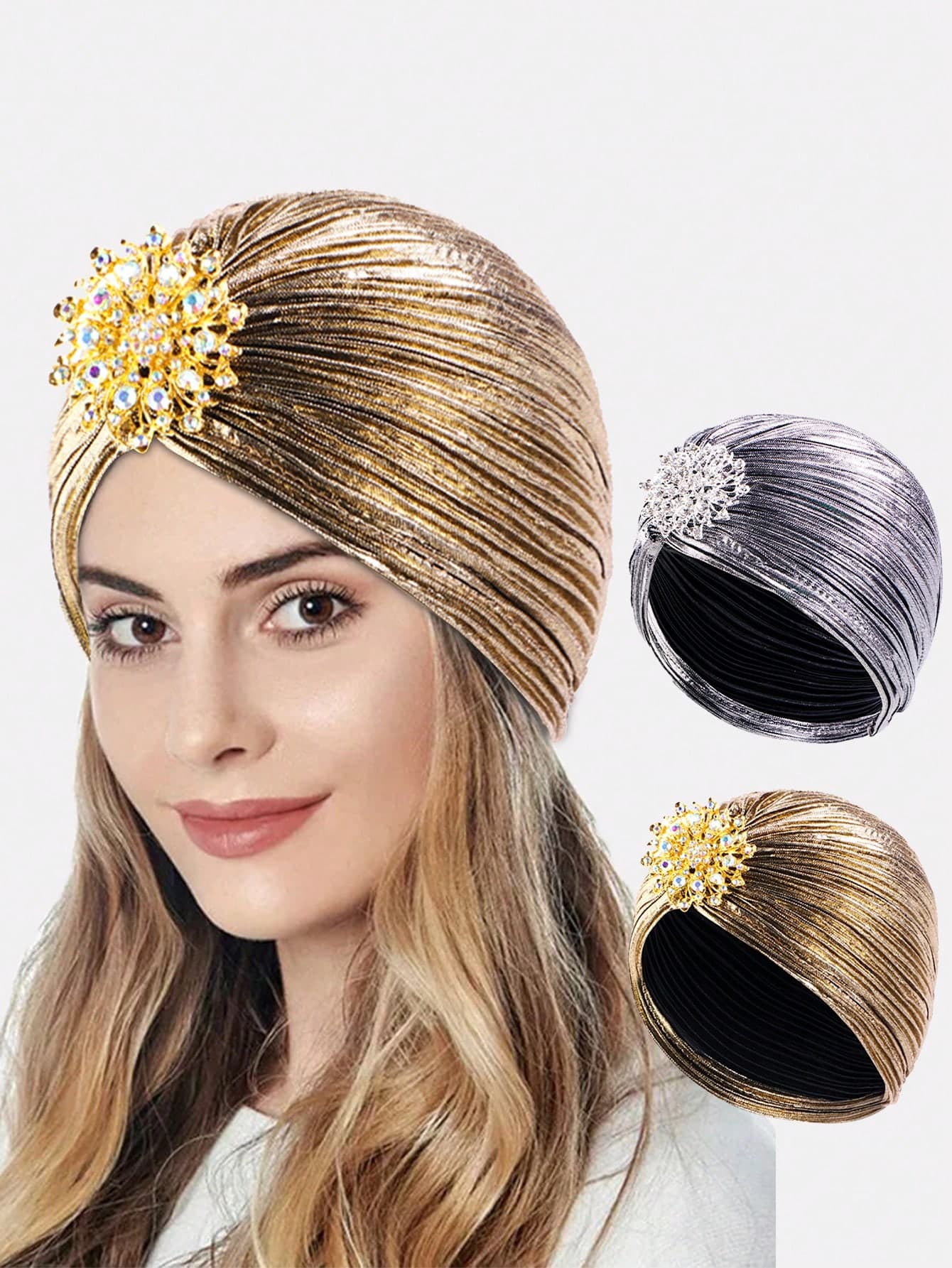 2pcs Women's Vintage Alloy Rhinestone Pleated Gold Foil Headscarf Hat, Arabic Style Headwrap, Suitable For Daily Wear