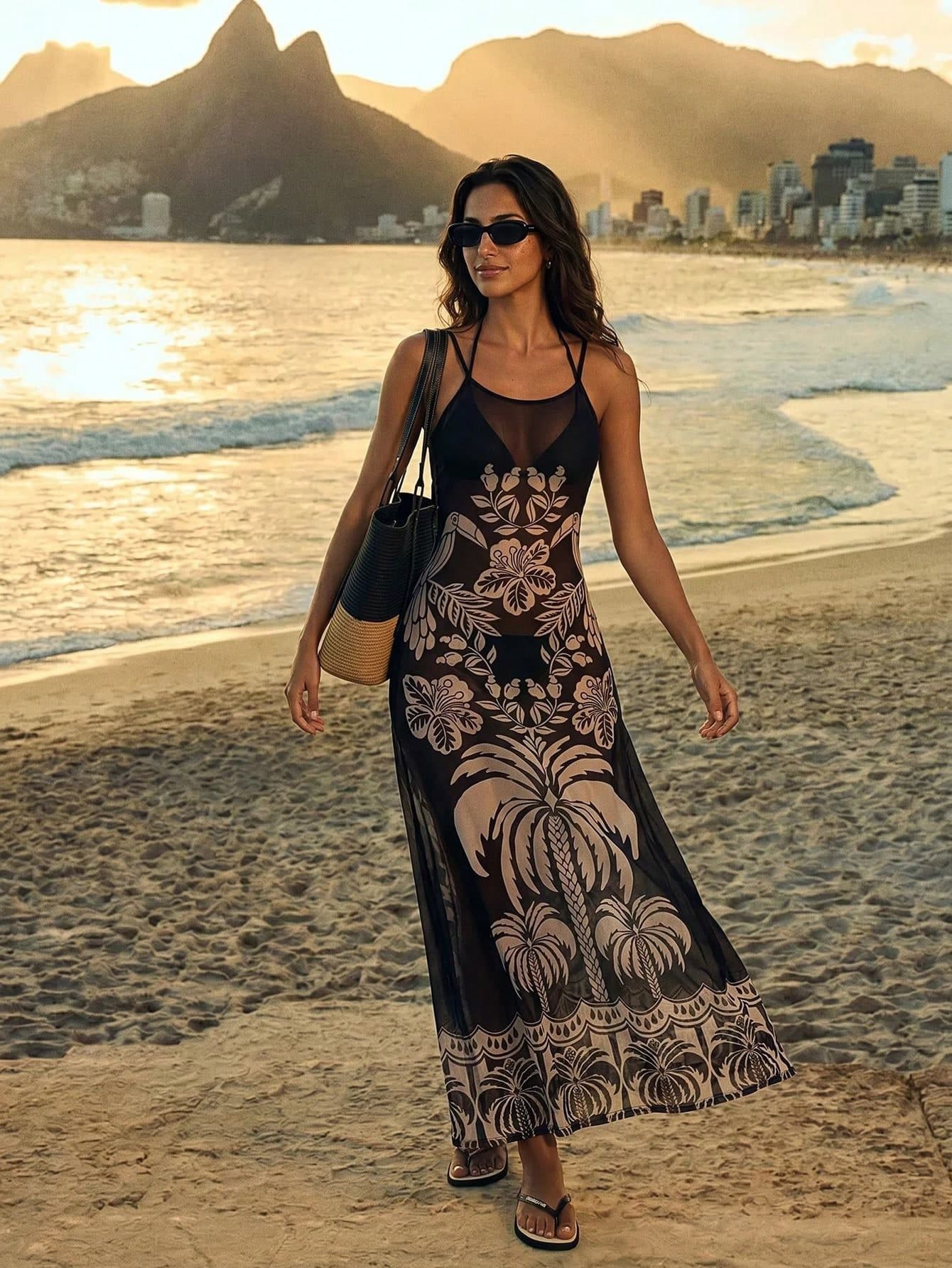 CAJUNI Women's Black Summer Casual Holiday Vacation Minimalist Print Halter Cover-Up Beachwear,Elegant Sweet Beach Resort Swimwear Collection