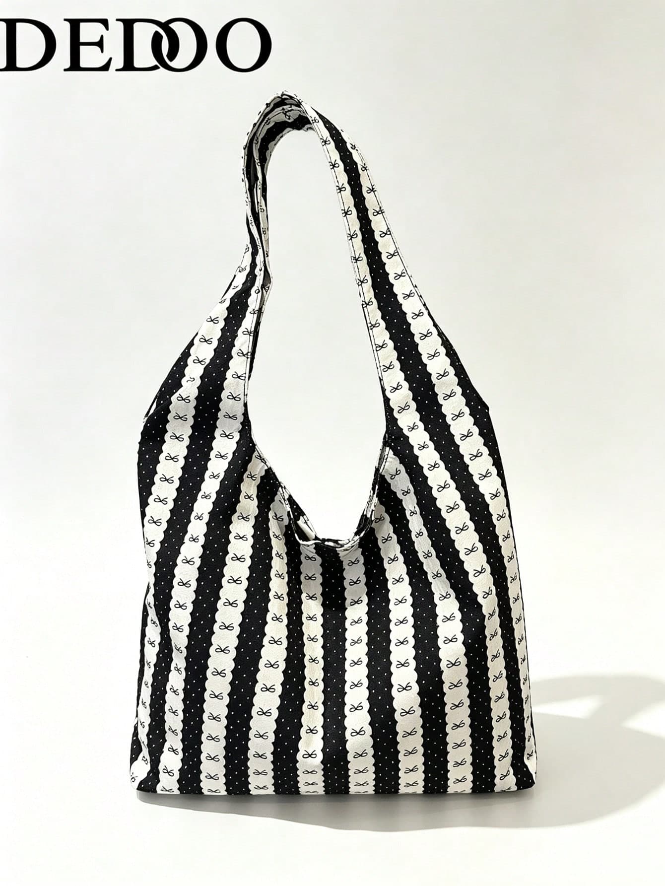 Dedoo Women Pink Stripe Bow Print Canvas Large Tote, Wide Single Strap Lightweight Shoulder Bag, Sweet Korean Book Shopper For Women Campus Shopping Travel
