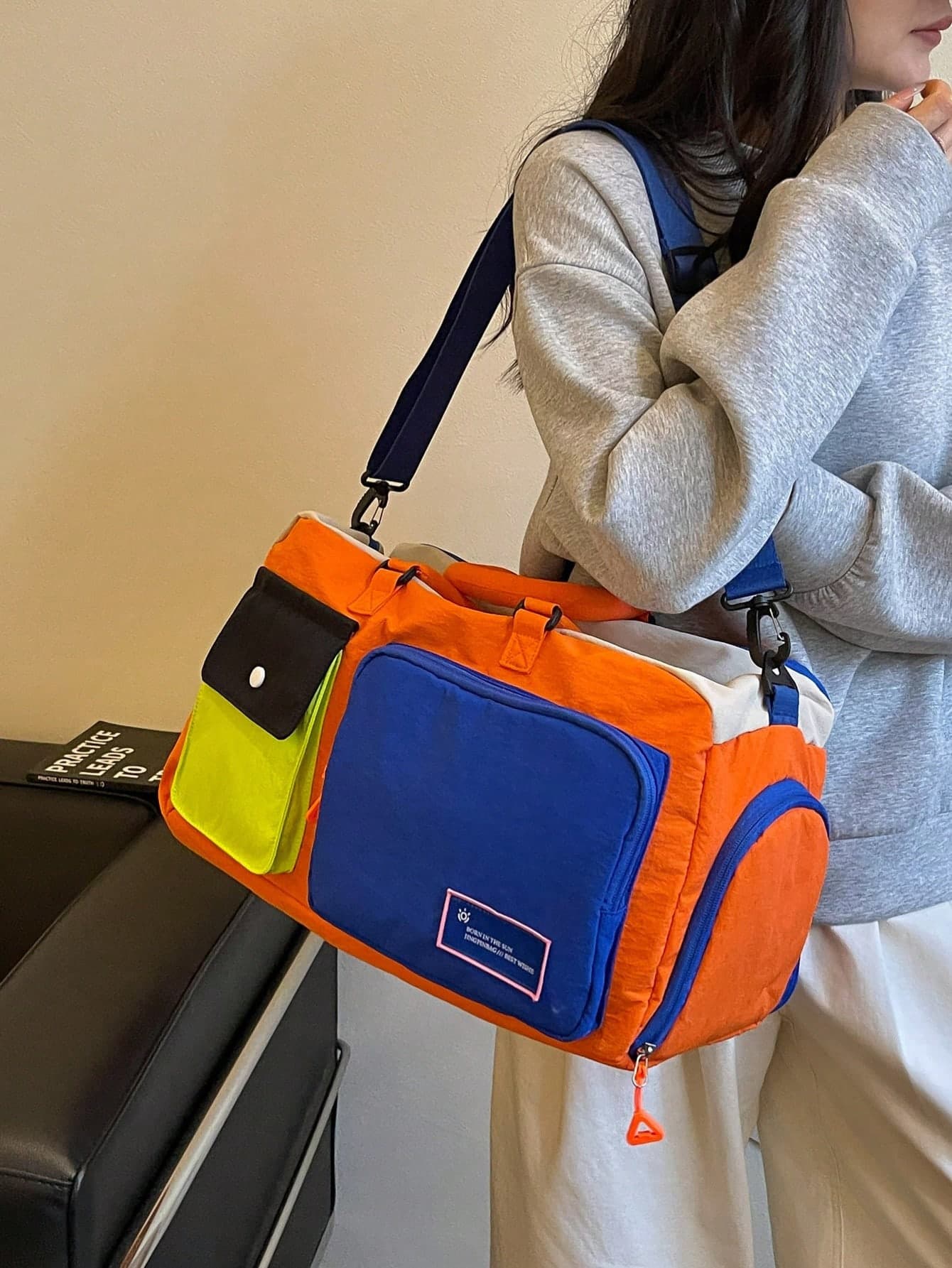 Large Capacity Colorblock Style Travel Bag With Multiple Pockets, Foldable Lightweight Handbag, Crossbody Bag, School Bag, Luggage Bag