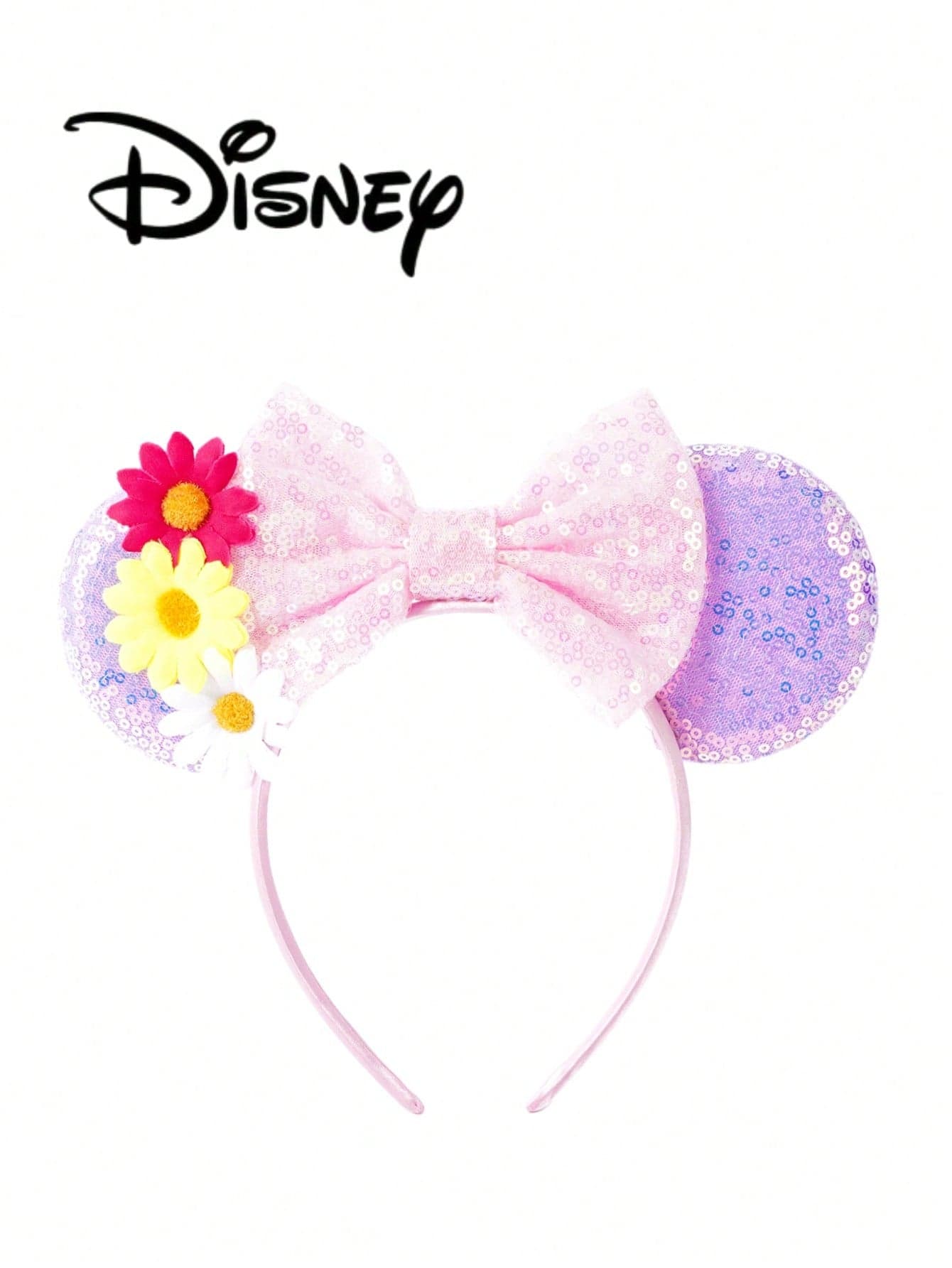 1pc Disney Cartoon Bright Pink Floral Fairy Series Mickey Minnie Ears Sequin Bow Headband, Stage Performance Costume Hair Accessory, Holiday Party Birthday Theme Mickey Headband, Suitable For Festival Parties