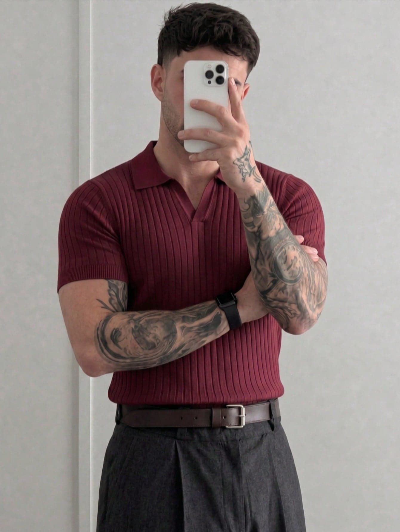 Men's Ribbed Airplane Collar Polo Knit Shirt, Short Sleeve, Summer Fashion, Comfortable