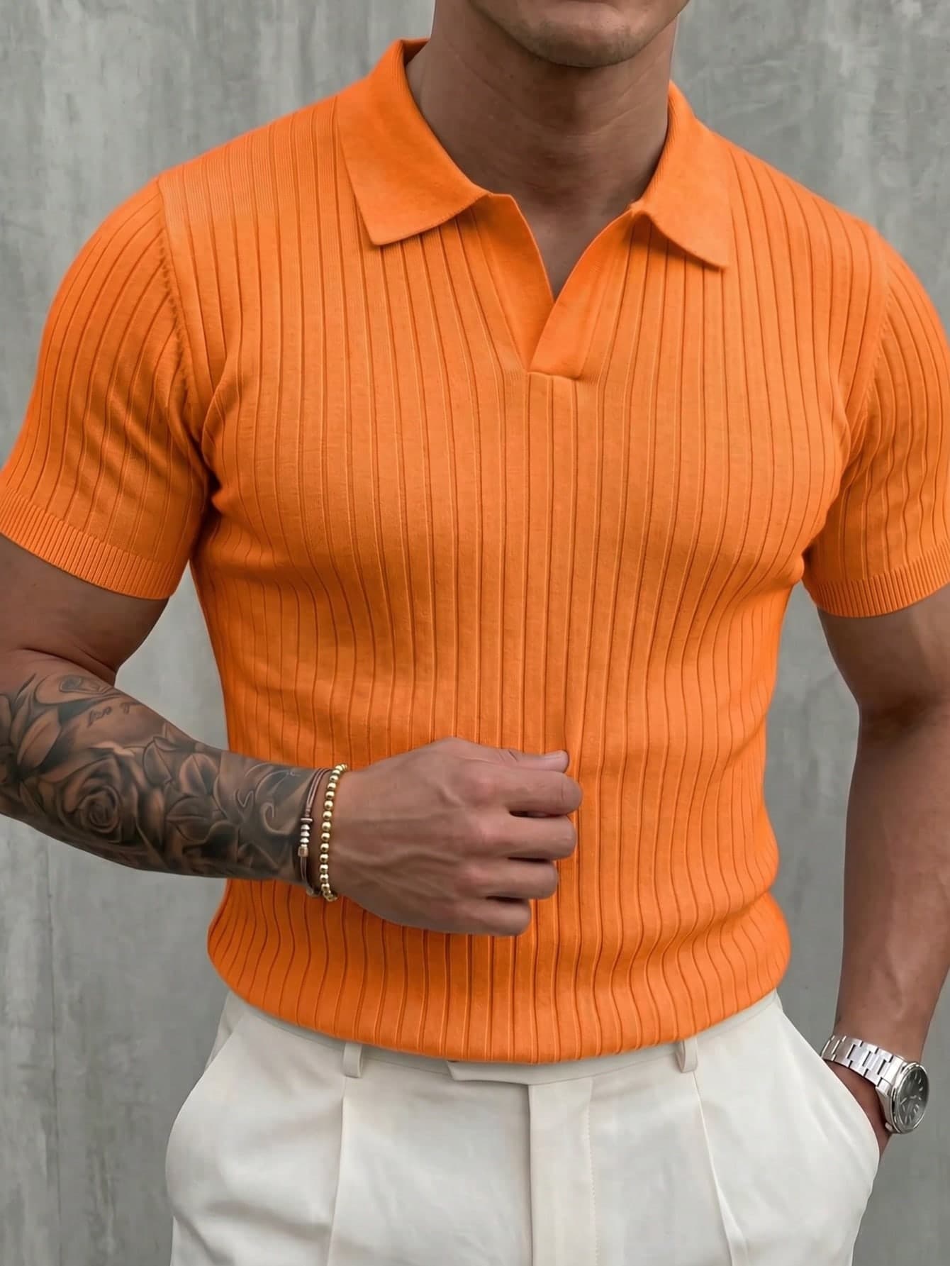 Men's Classic Ribbed Knit Polo Short Sleeve Shirt, Solid Color, Suitable For Summer Outings, Fashion Essential Item