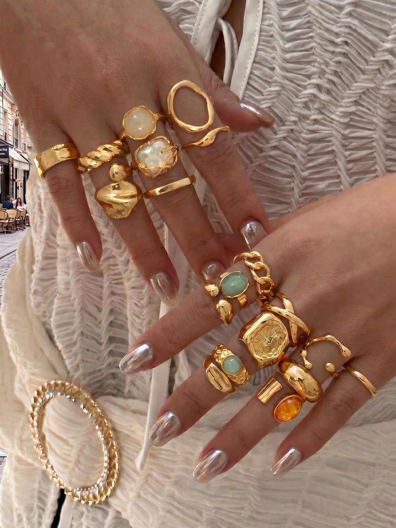 19pcs Vintage Gemstone Bohemian Geometric Ring Set, Four Seasons Holiday Jewelry, Daily Wear, Gift