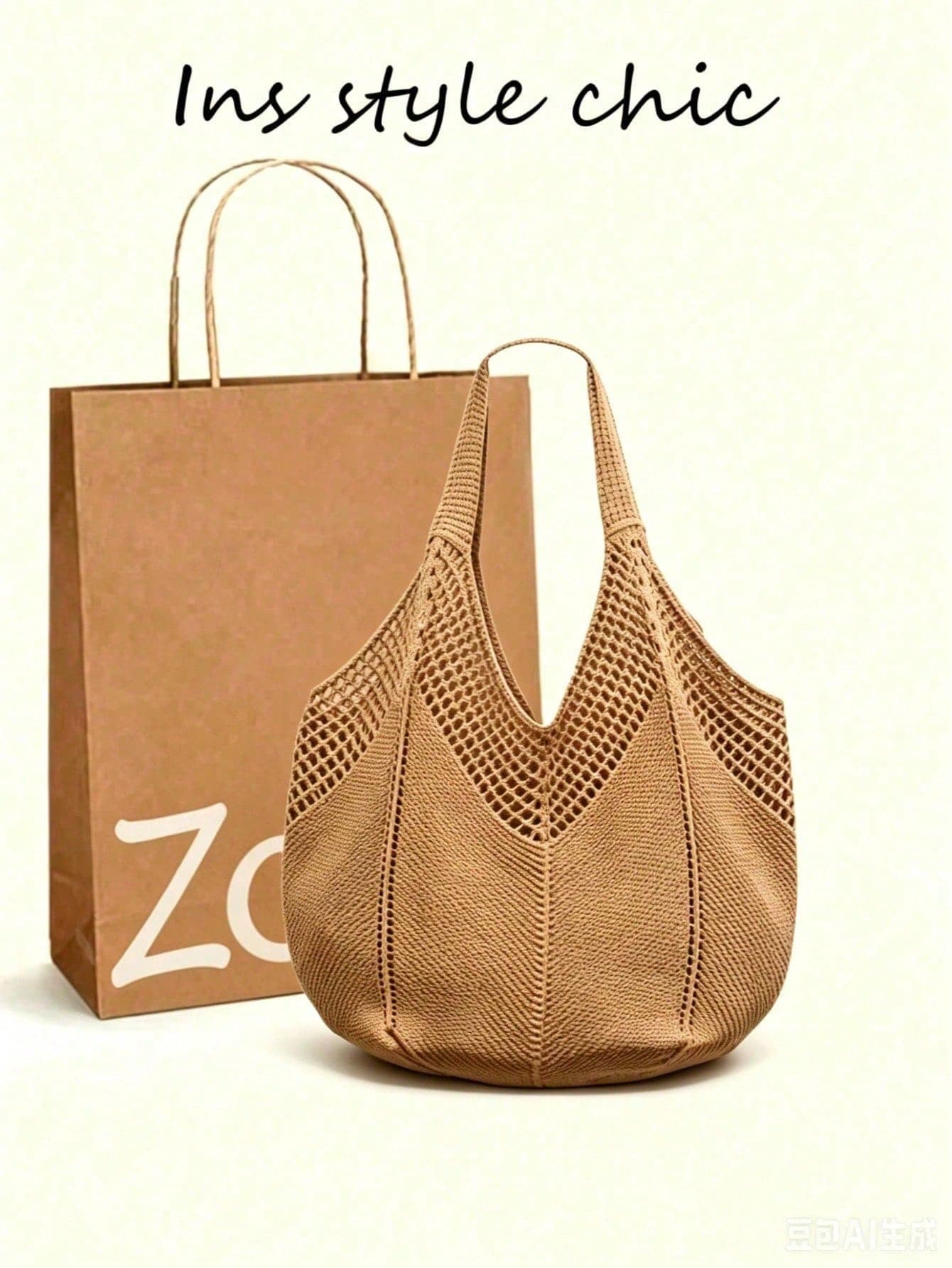 Vacation Style Khaki Solid Color Polyester Shoulder Tote Bag, Hollow Mesh Woven Large Capacity Casual Bag, Versatile And Practical, Suitable For Beach Vacation, Travel, Daily Shopping, Dating And Other Occasions, Bohemian Style Casual Tote Bag, Suitable For Young Women Travel.