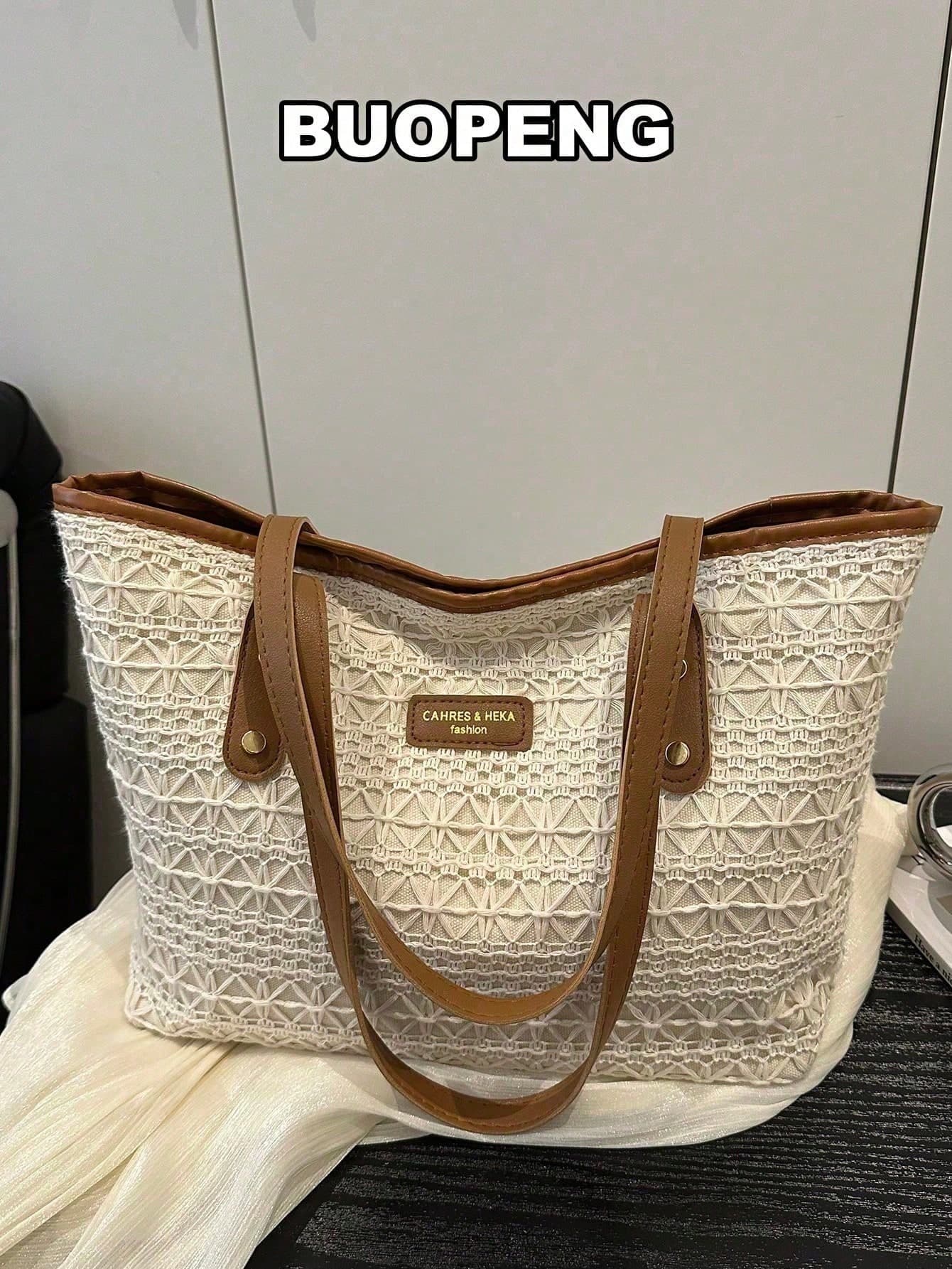Gentle Beige Lace Patchwork Tote Bag For Women, Vintage Brown Leather Shoulder Strap Large Capacity Shoulder Bag, Simple Casual Commute Shopping Fabric Bag, Large Capacity Tote Bag. Zipper Opening, Lightweight Minimalist Shoulder Bag. Suitable For Daily Life, Casual, Commute, Work And Student Use, Leopard Print Cheetah Bag For Women, Leopard Print Return, Animal Print Women's Bag, Vintage Women's Bag, Women's Tote Bag, University Essential