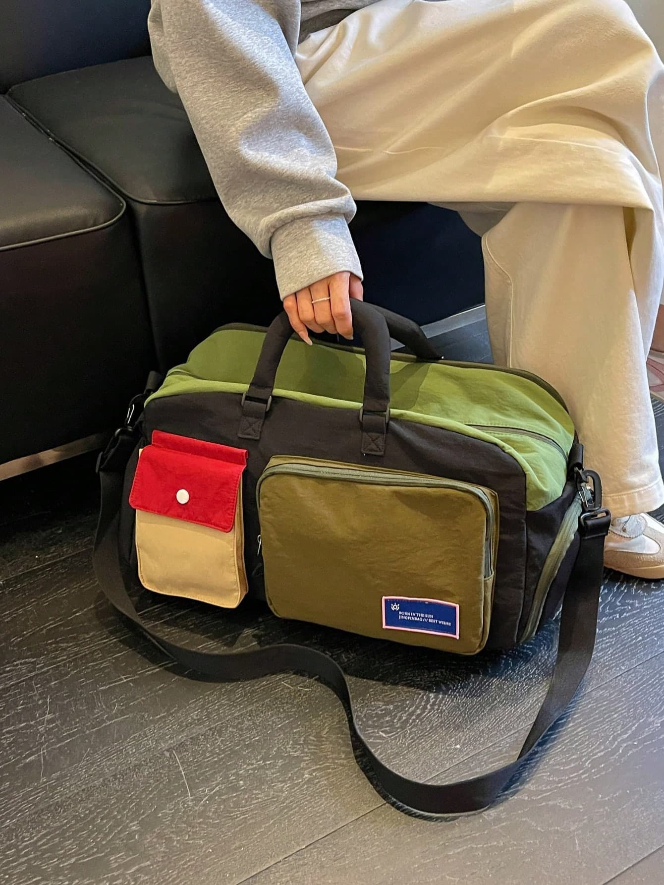 Large Capacity Colorblock Style Travel Bag, Multi-Pocket Gym Bag, Foldable Lightweight Handbag, Crossbody Bag, School Bag, Luggage Bag