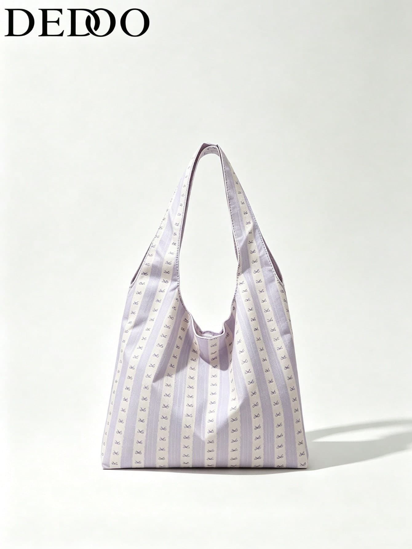 Dedoo Women Pink Stripe Bow Print Canvas Large Tote, Wide Single Strap Lightweight Shoulder Bag, Sweet Korean Book Shopper For Women Campus Shopping Travel