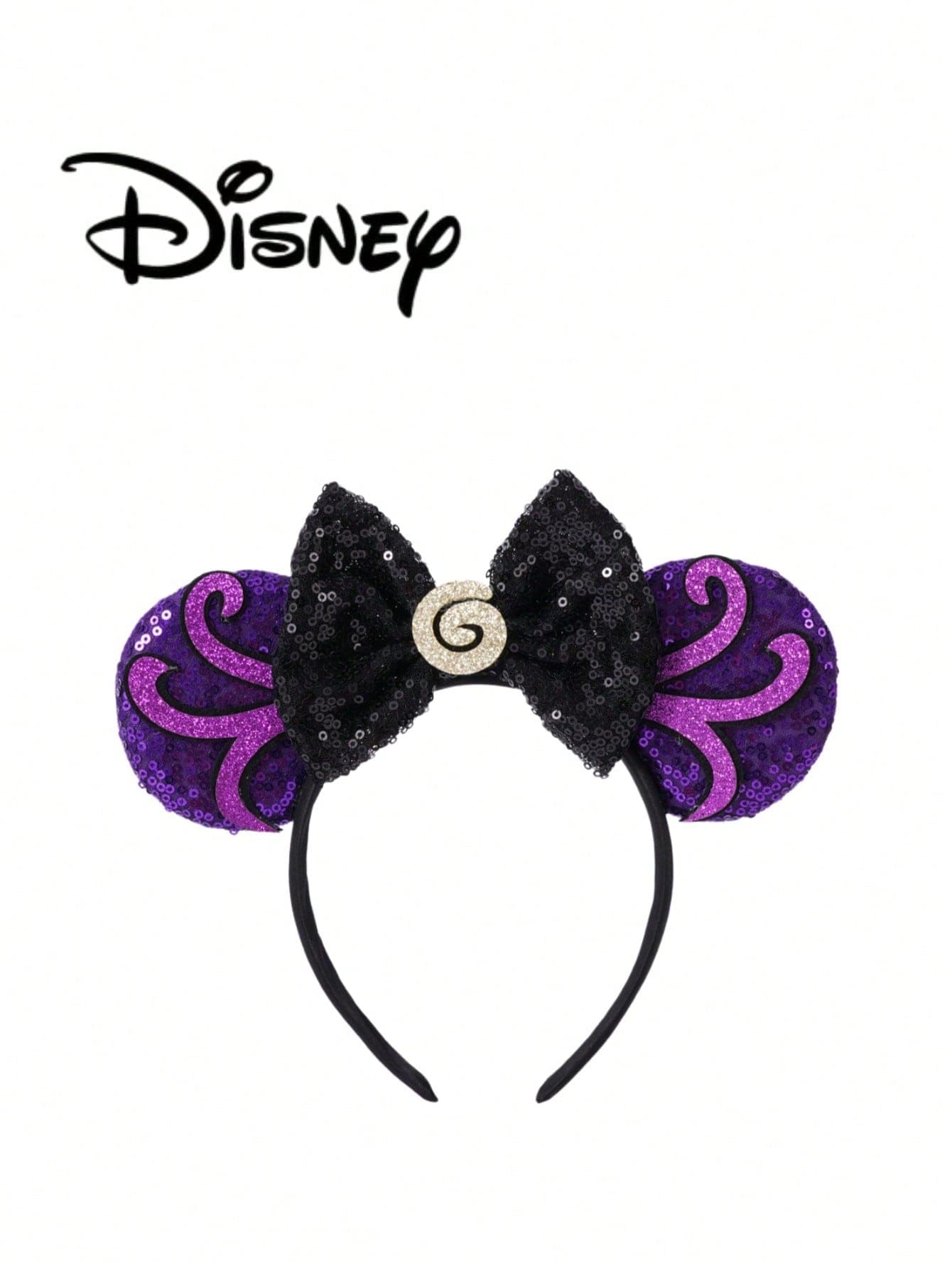 1pc Disney Cartoon Sequin Black+Deep Purple+Purple Spiral Pattern Amusement Park Theme Series Mickey Minnie Ears Sequin Bow Headband Hair Accessory, Stage Performance Costume Hair Accessory, Holiday Headband, Birthday Party Theme Mickey Hair Accessory, Headband, Suitable For Holiday Party