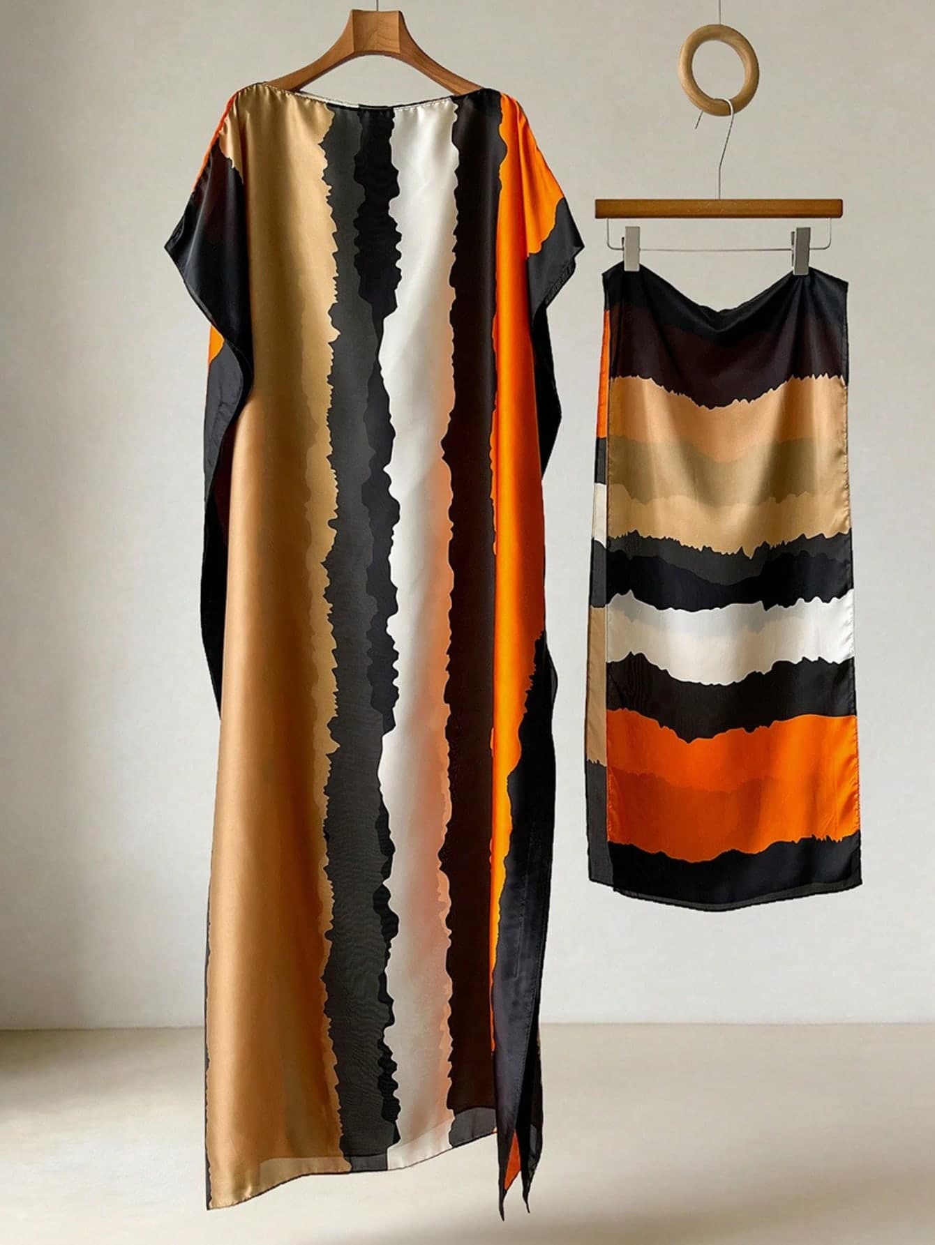 2pcs 2026 New Elegant Tie Dye Striped Faux Silk Printed Long Robe Shawl, Women's Beach Sun Protection Satin Scarf, Multi-Functional Wear
