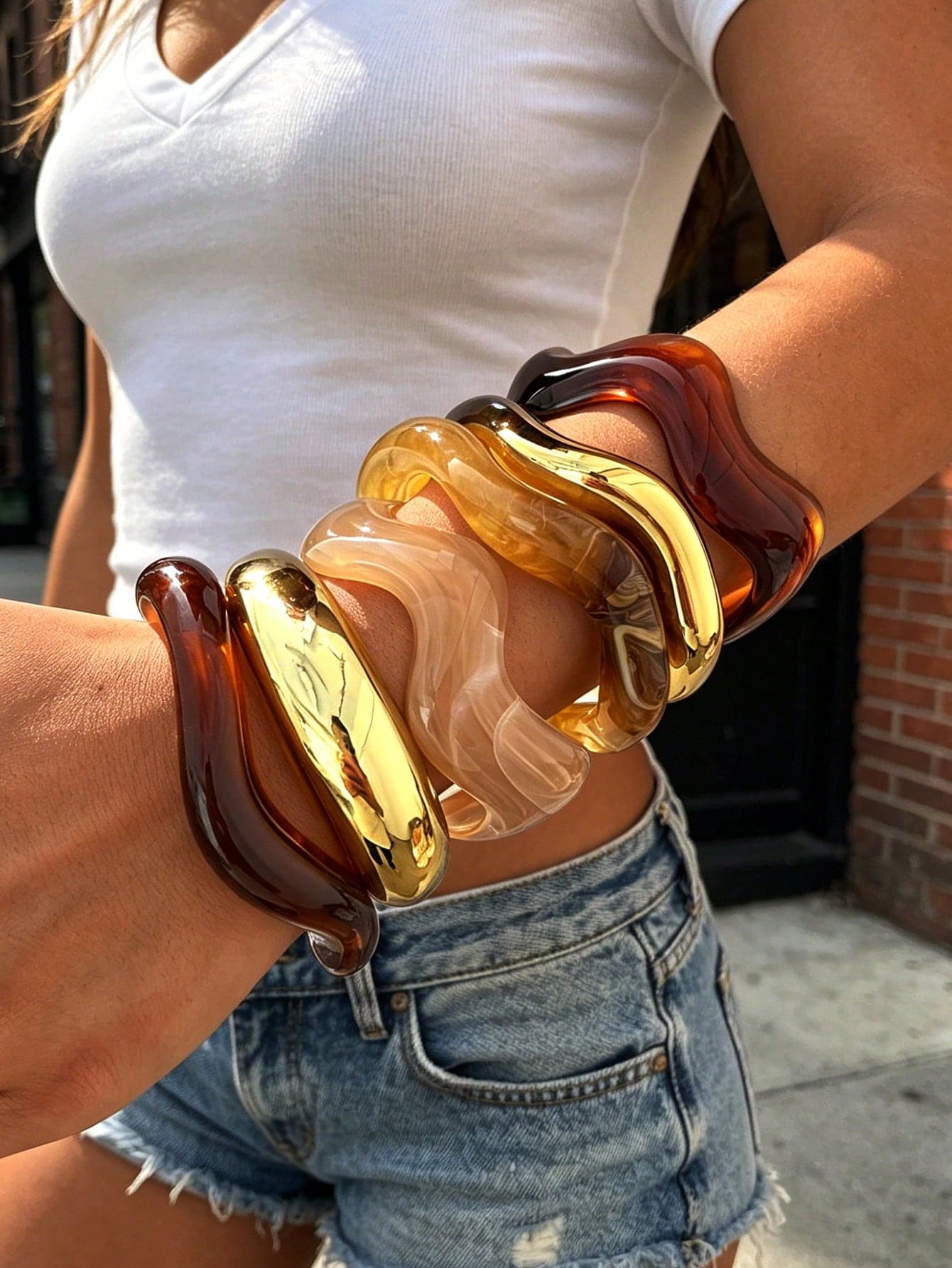 6/3/1pc Vintage Lazy Casual Style Women's Multi-Color Resin And CCB Wavy Wide Cuff Bracelet Set, Suitable For Women's Daily Casual, Gathering, Beach Vacation And Party Wear, Gift