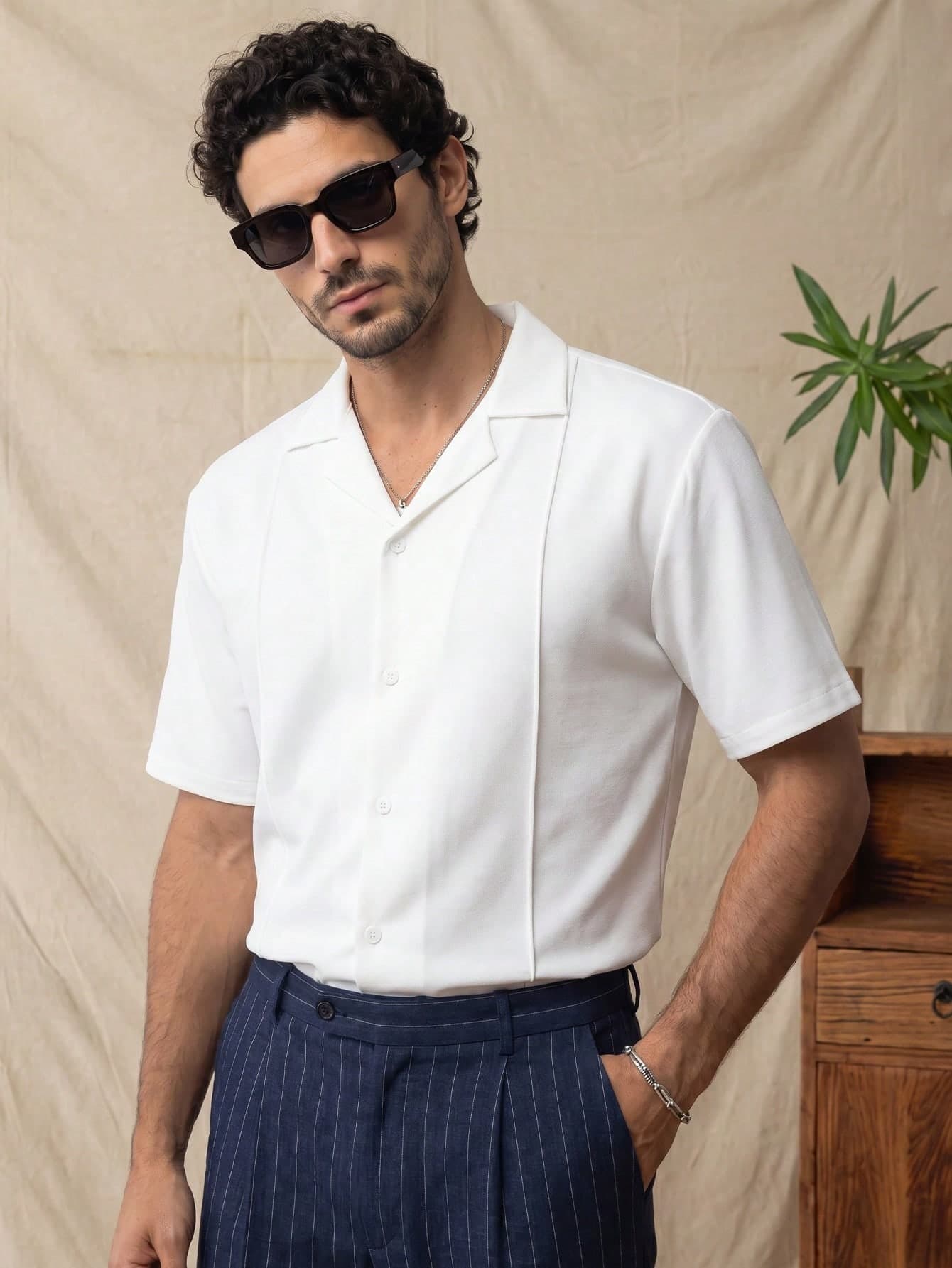glestore Men's Vintage-Style Casual Solid-Color Short-Sleeve Shirt With Pleats And A Sharp Cut-A Stylish, Versatile Piece Suitable For All Seasons