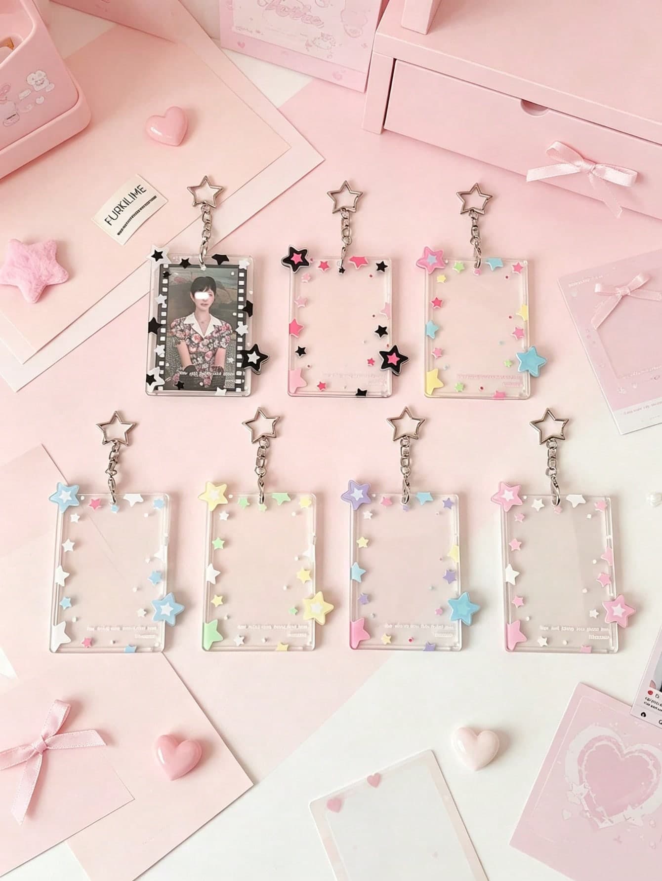 2pcs Colorful Star Pendant Card Holder Transparent 3-Inch Photo Card Display Sleeve Hard Card Sleeve