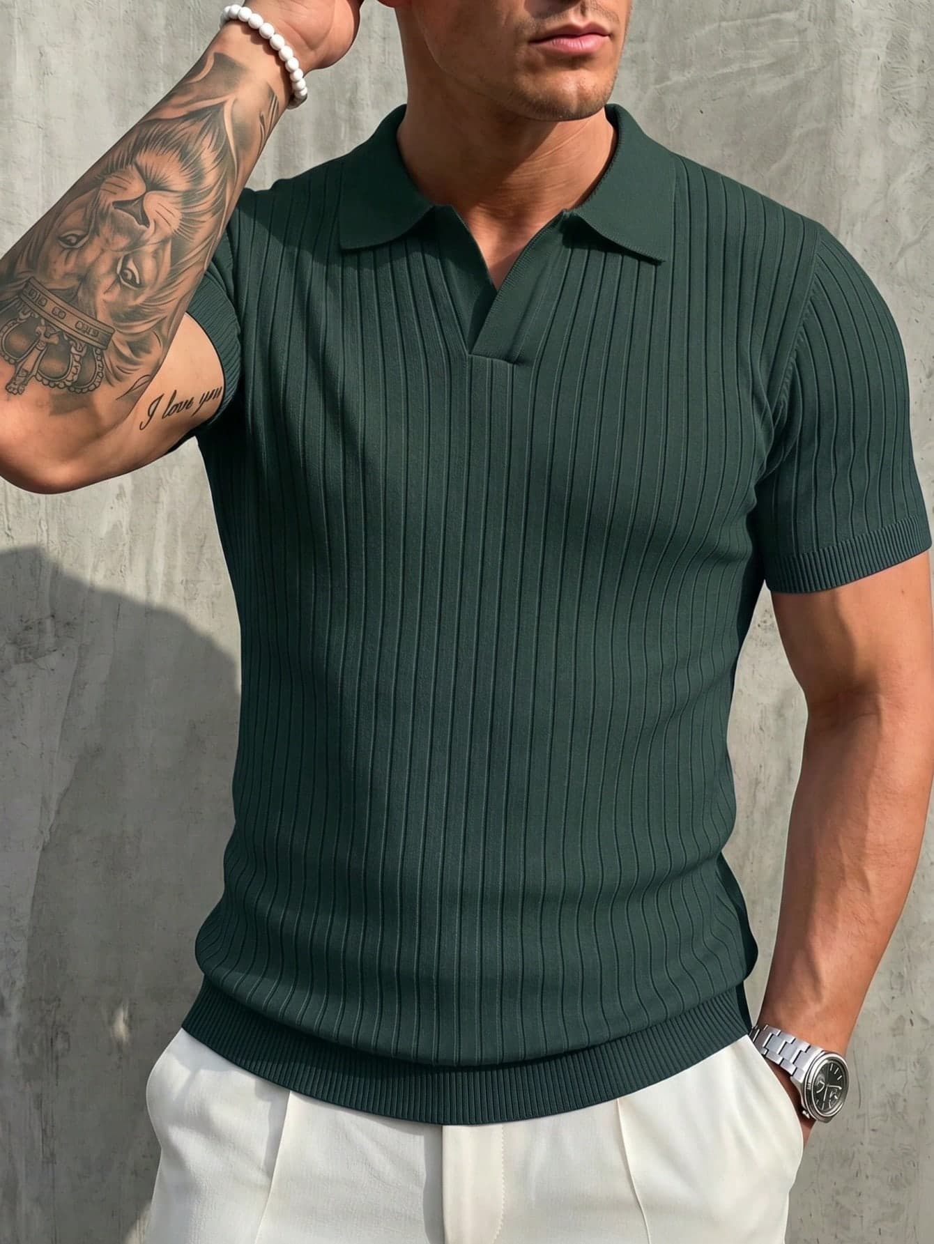 Men's Summer Classic Ribbed Collar Knit Solid Color Short Sleeve, Suitable For Summer Outings, Fashionable Outfit Essential
