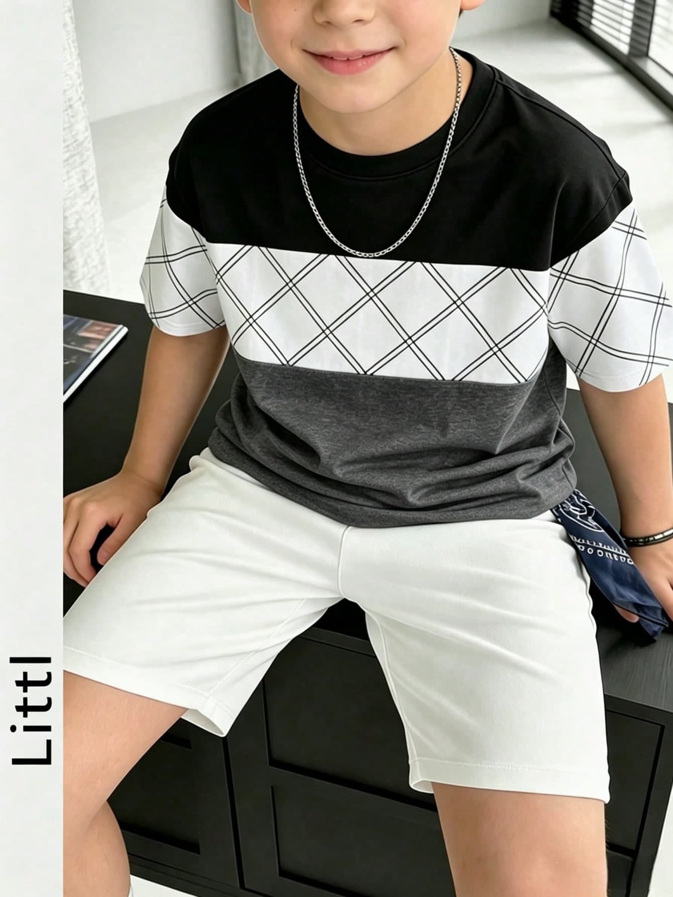 Toddler Boys Colorblock Argyle Print T-Shirt, Short Sleeve Crew Neck Casual Top, Kids Colorblock Plaid Line Summer Top