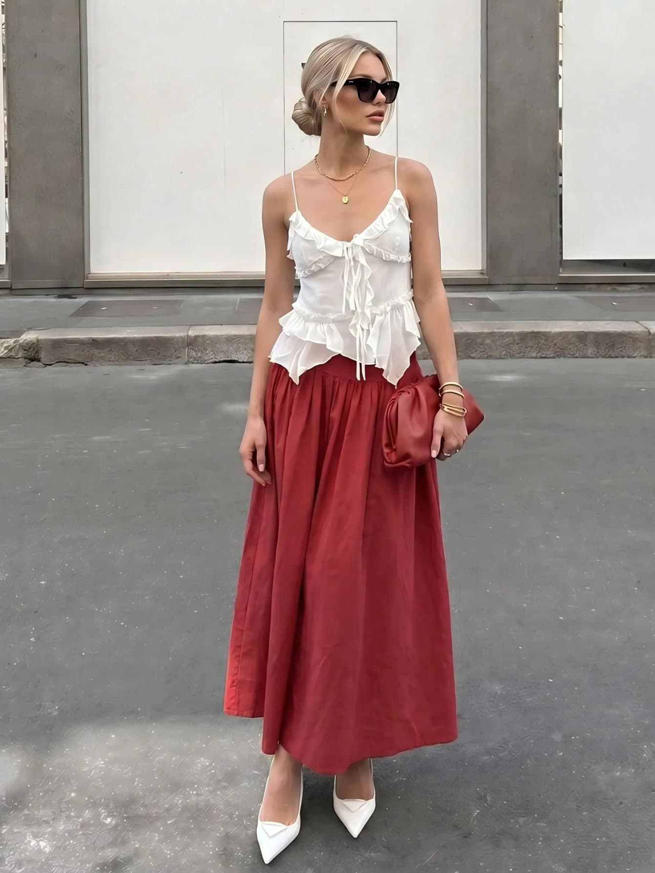 Spring Summer Autumn Women's Fashion Y2K Casual Solid Color High Waist Red Full Skirt, Casual Daily Casual Women's Long Straight Woven Fabric Skirt
