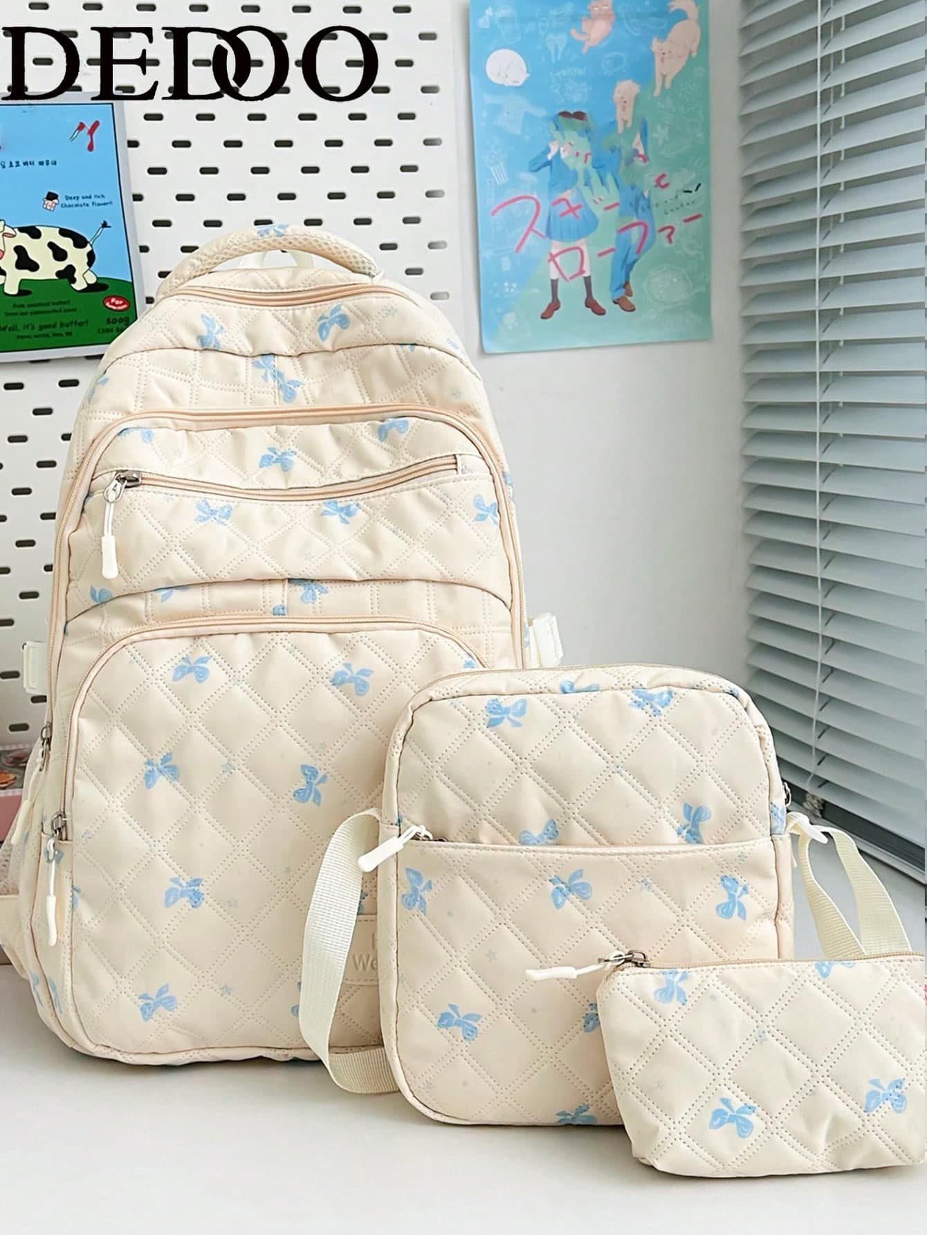 Dedoo Bowknot Print Multi-Pocket Foldable Waterproof Zipper Backpack, Large Capacity Student School Bag, Suitable For Teenagers, High School Students, College Students, Women Daily School Use (Random Small Tag)