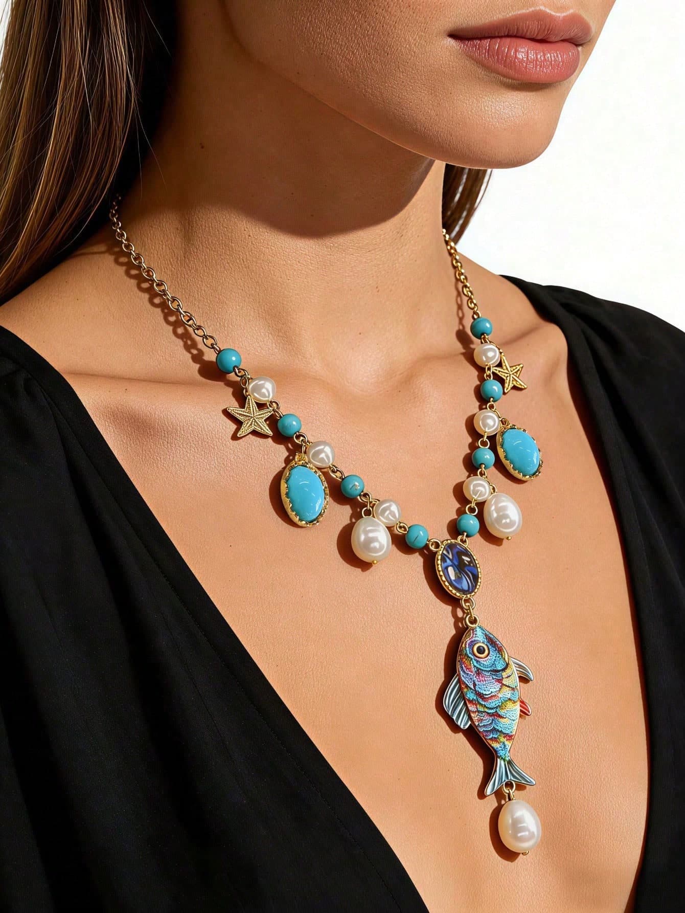 1pc Women's Bohemian Vacation Style Ocean Theme Turquoise Pearl Necklace, Colorful Enamel Small Fish Pendant Design, Beach Party Necklace