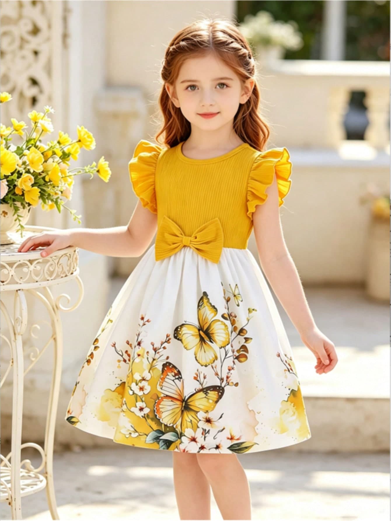 Girls' Summer Ruffled Sleeve Bow-Tie Rose Print Sweet Casual Vacation Dress