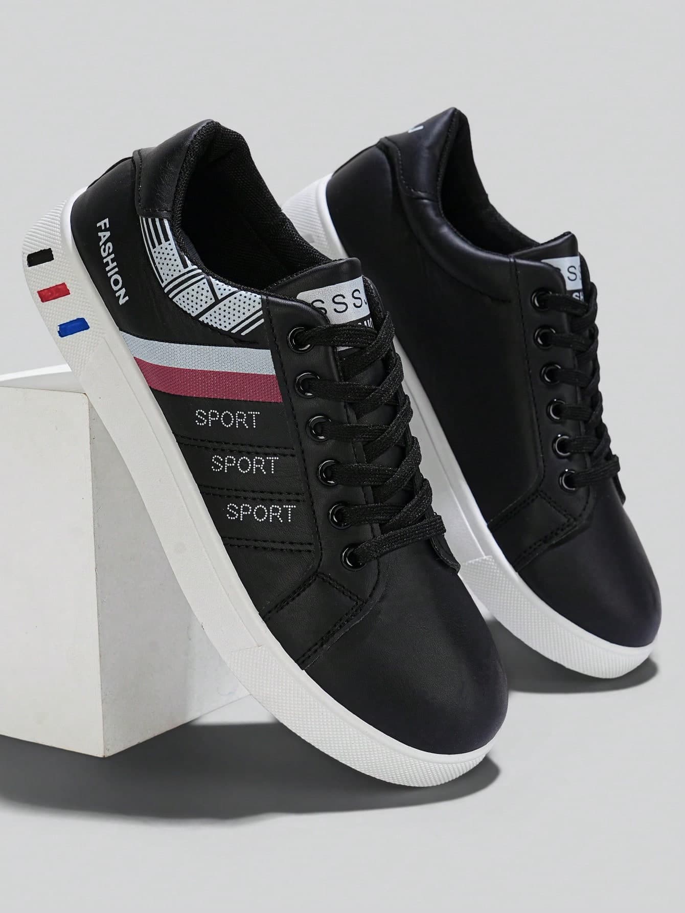 Flipark Men's Striped Lace-Up Skateboard Shoes - Durable PU Leather Upper, Breathable Fabric Lining, Cloth Insole, Non-Slip PVC Sole, Round Toe Design, Suitable For Outdoor Casual Wear In Autumn, Spring, Summer, Winter